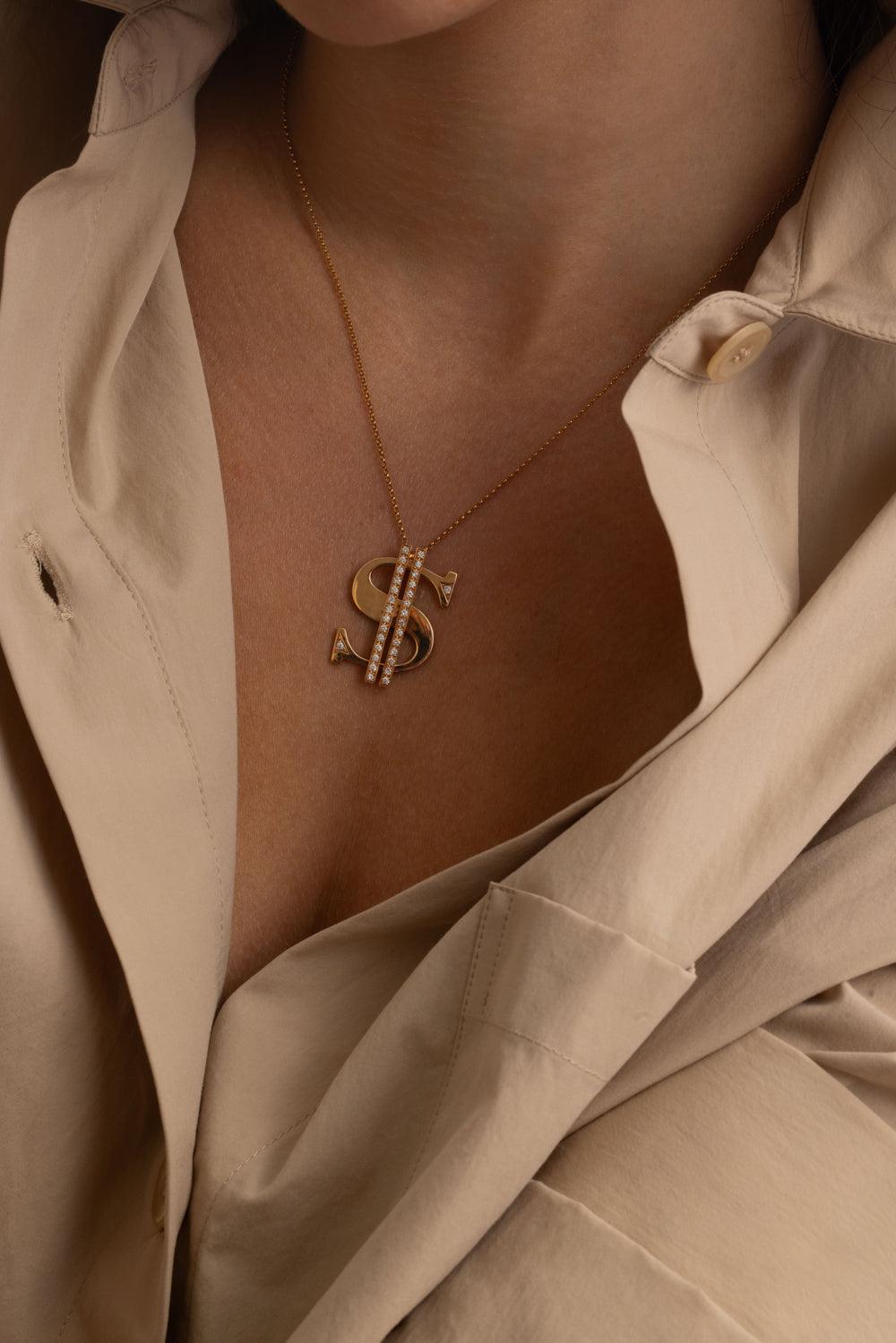 Diamond Dollar Sign Necklace-YELLOW GOLD-JEWELRYFINE JEWELNECKLACE O-STEFERE