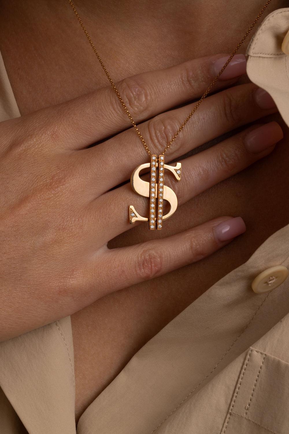 Diamond Dollar Sign Necklace-YELLOW GOLD-JEWELRYFINE JEWELNECKLACE O-STEFERE