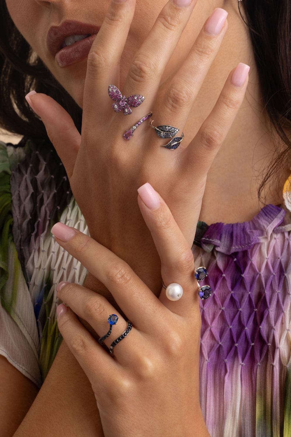 White Diamond Blue Sapphire Snake Ring-WHITE GOLD-7-JEWELRYFINE JEWELRING-STEFERE