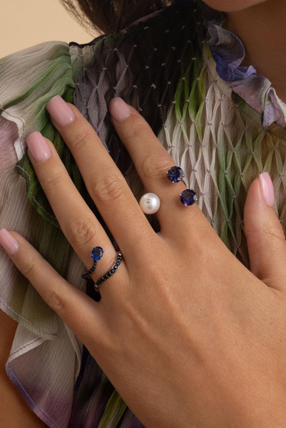 White Diamond Blue Sapphire Snake Ring-WHITE GOLD-7-JEWELRYFINE JEWELRING-STEFERE