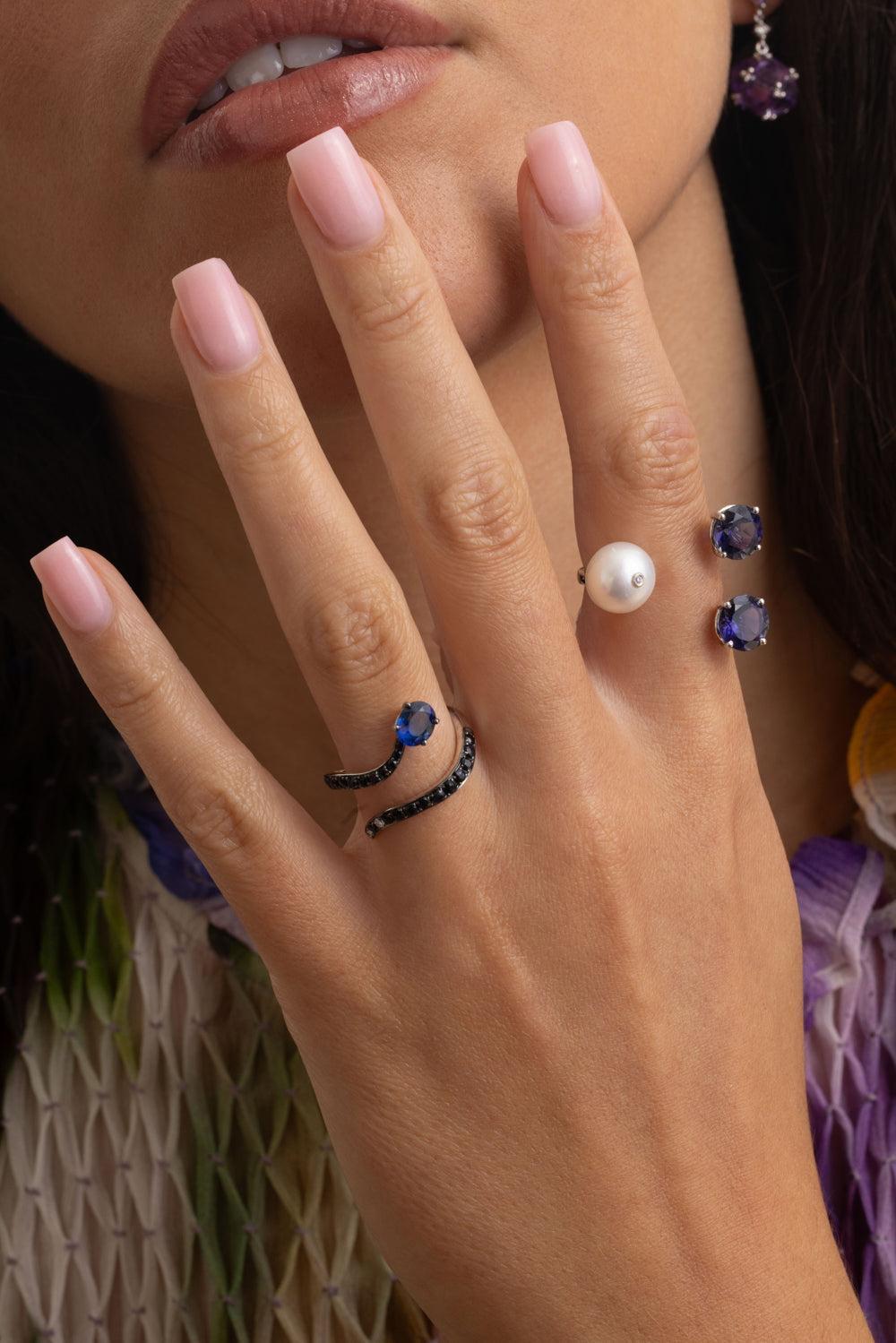 White Diamond Blue Sapphire Snake Ring-WHITE GOLD-7-JEWELRYFINE JEWELRING-STEFERE