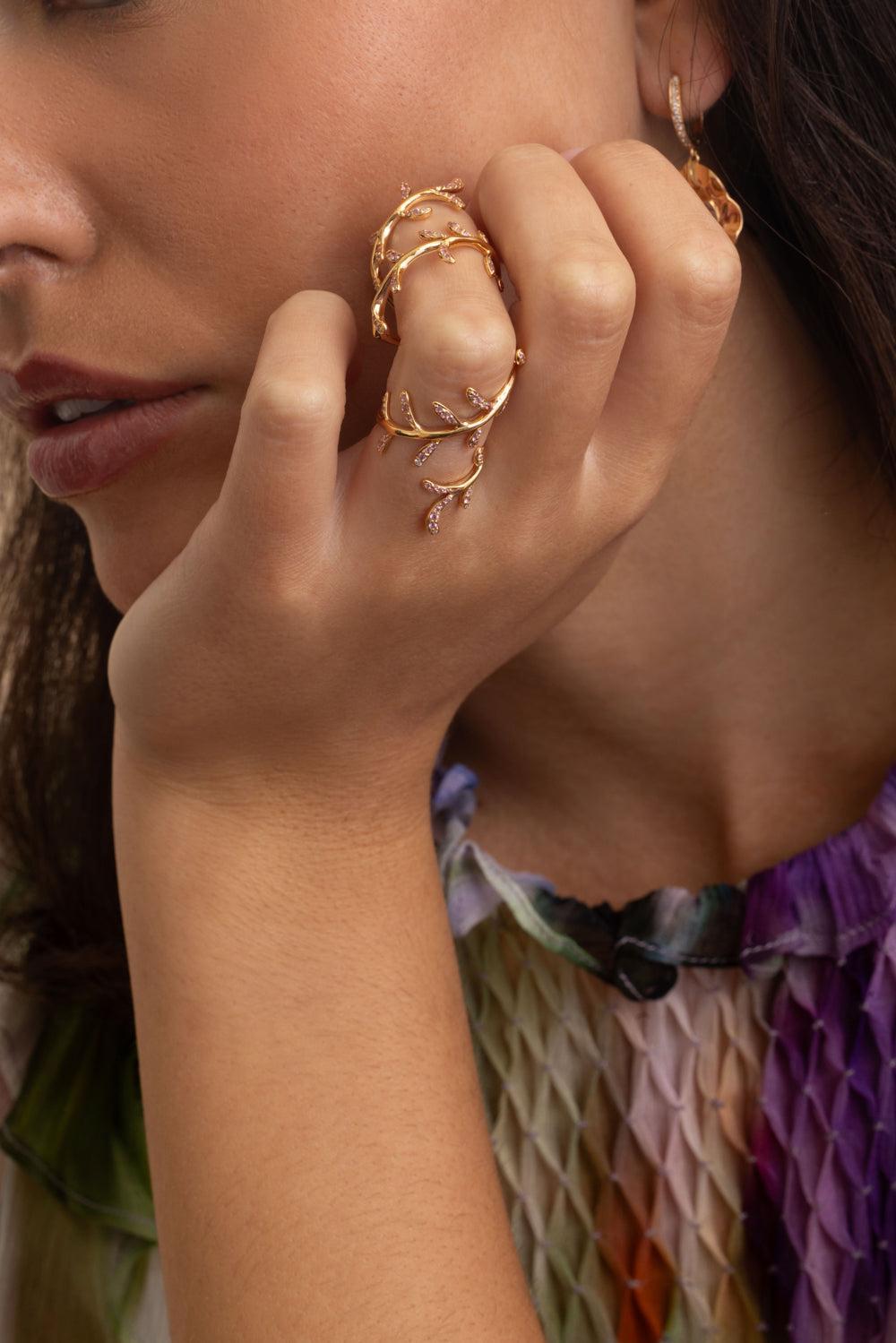 Pink Sapphire Full-Finger Flower Ring-ROSE GOLD-7-JEWELRYFINE JEWELRING-STEFERE