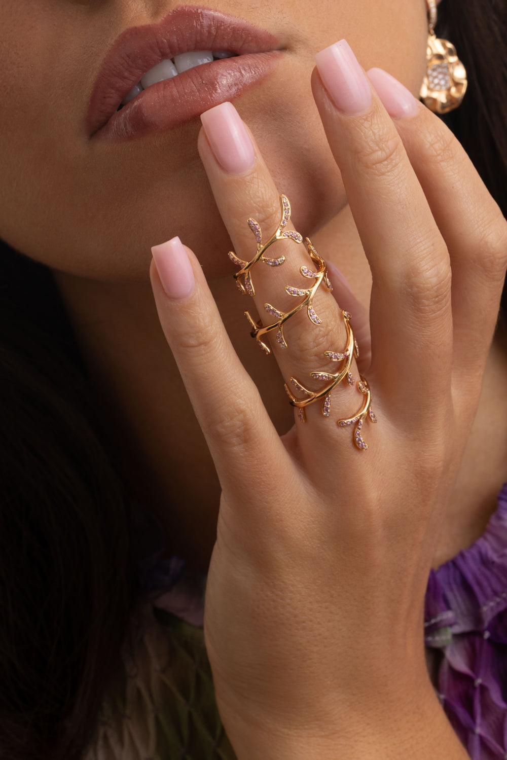 Pink Sapphire Full-Finger Flower Ring-ROSE GOLD-7-JEWELRYFINE JEWELRING-STEFERE