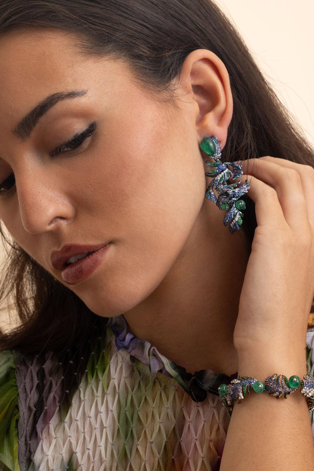 Multi Sapphire La Pluma Pavona Earrings-TITANIUM-JEWELRYFINE JEWELEARRING-NEHA DANI