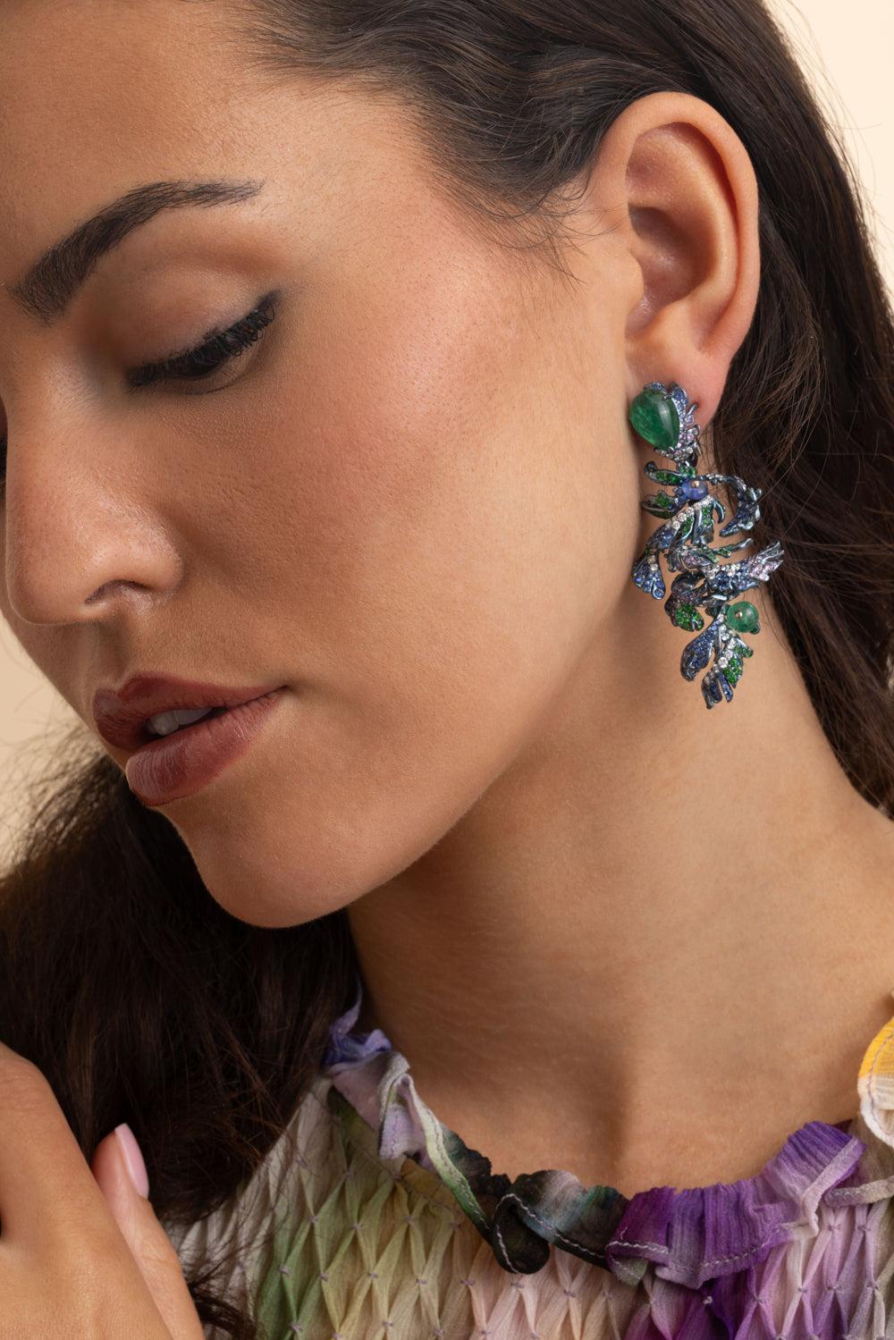 Multi Sapphire La Pluma Pavona Earrings-TITANIUM-JEWELRYFINE JEWELEARRING-NEHA DANI