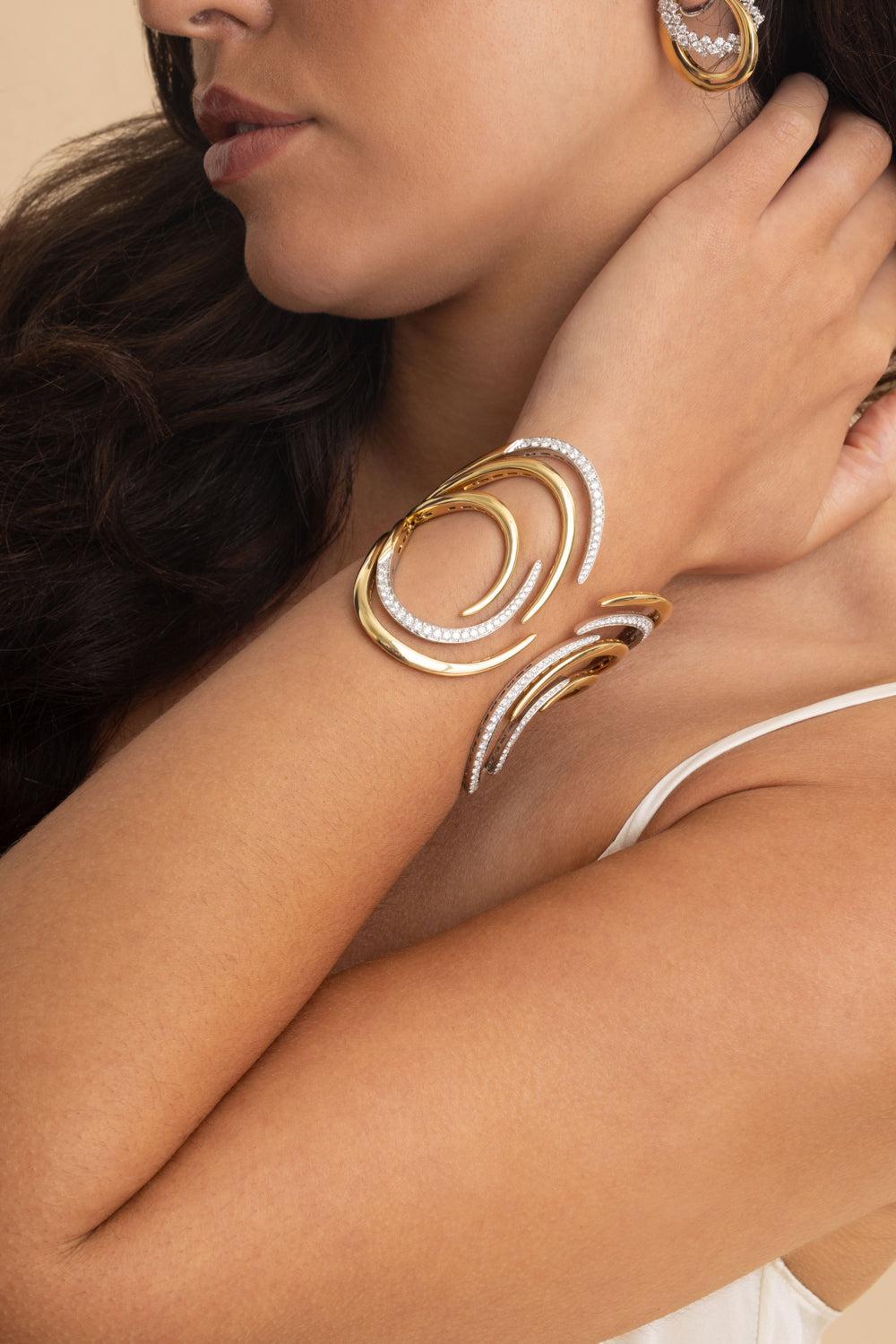 Diamond Swirl Golden Strada Open Cuff Bracelet-YELLOW GOLD-JEWELRYFINE JEWELBRACELET O-YEPREM JEWELLERY