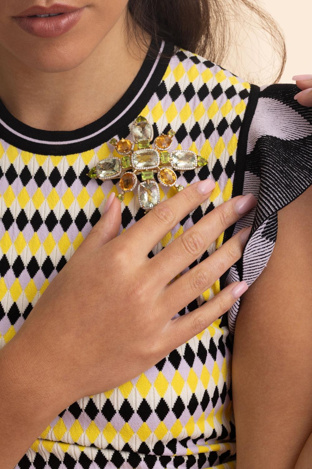 Green Amethyst Diamond Flake Brooch-YELLOW GOLD-JEWELRYFINE JEWELPIN-TONY DUQUETTE