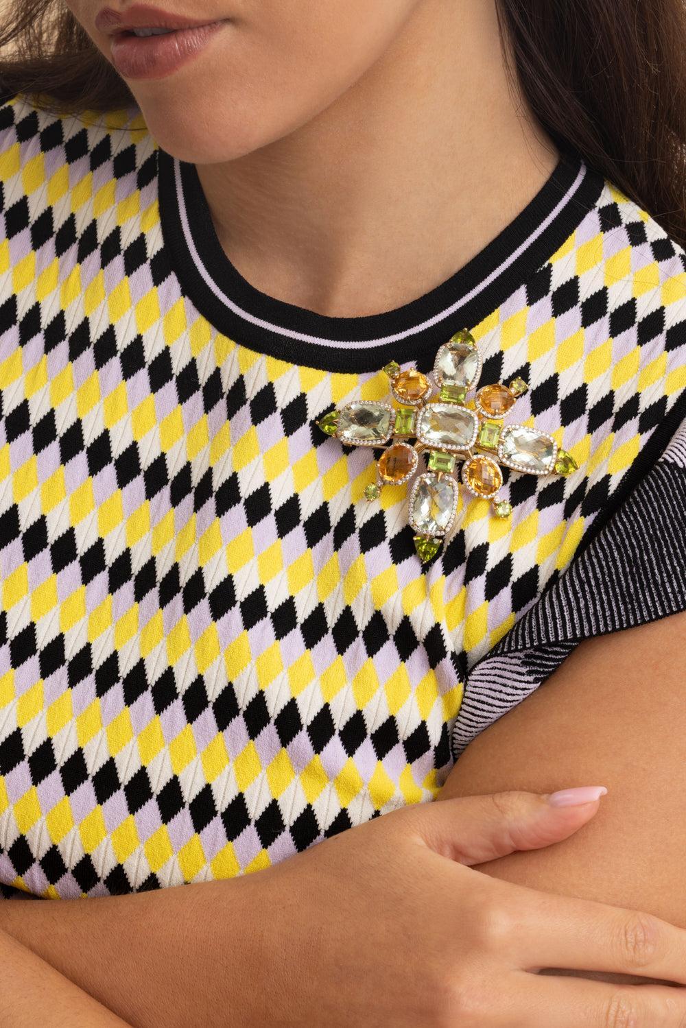 Green Amethyst Diamond Flake Brooch-YELLOW GOLD-JEWELRYFINE JEWELPIN-TONY DUQUETTE