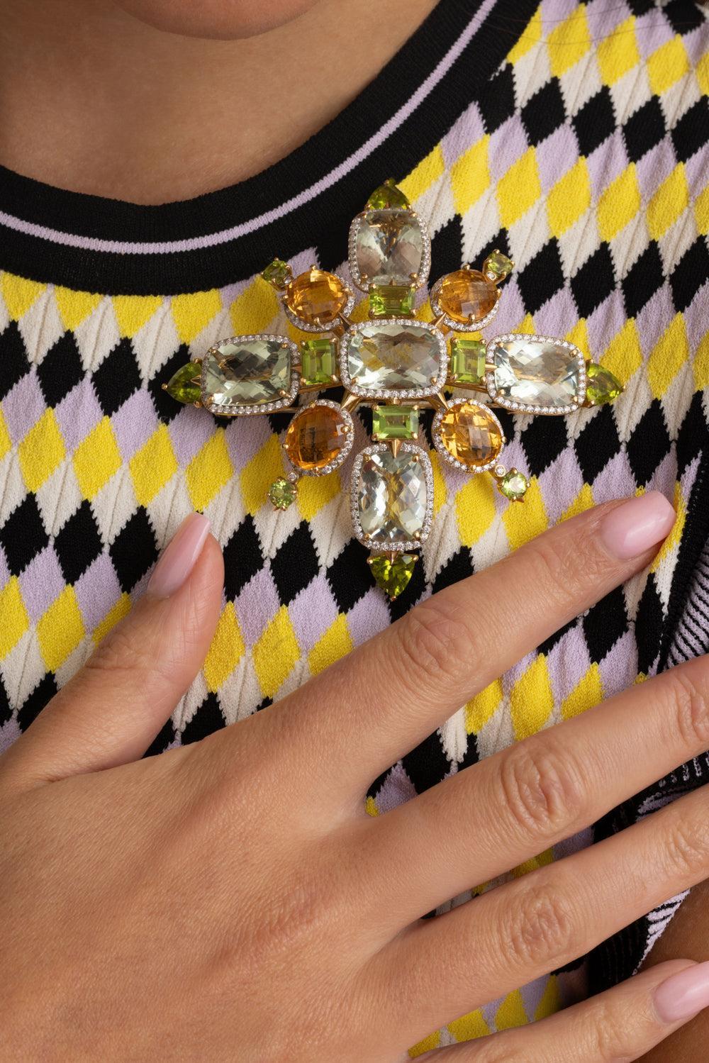 Green Amethyst Diamond Flake Brooch-YELLOW GOLD-JEWELRYFINE JEWELPIN-TONY DUQUETTE