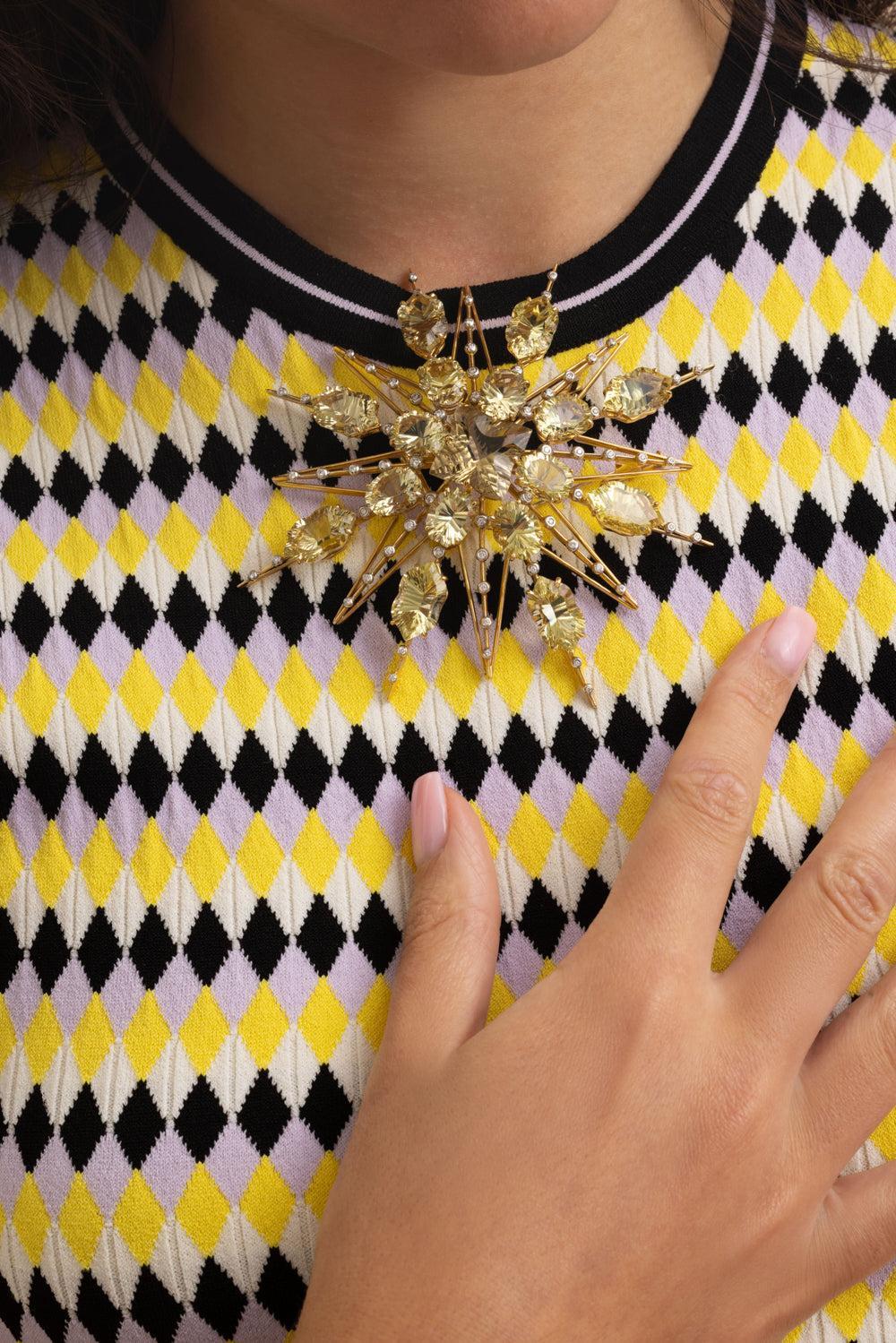 Lemon Quartz Diamond Star Brooch-YELLOW GOLD-JEWELRYFINE JEWELPIN-TONY DUQUETTE