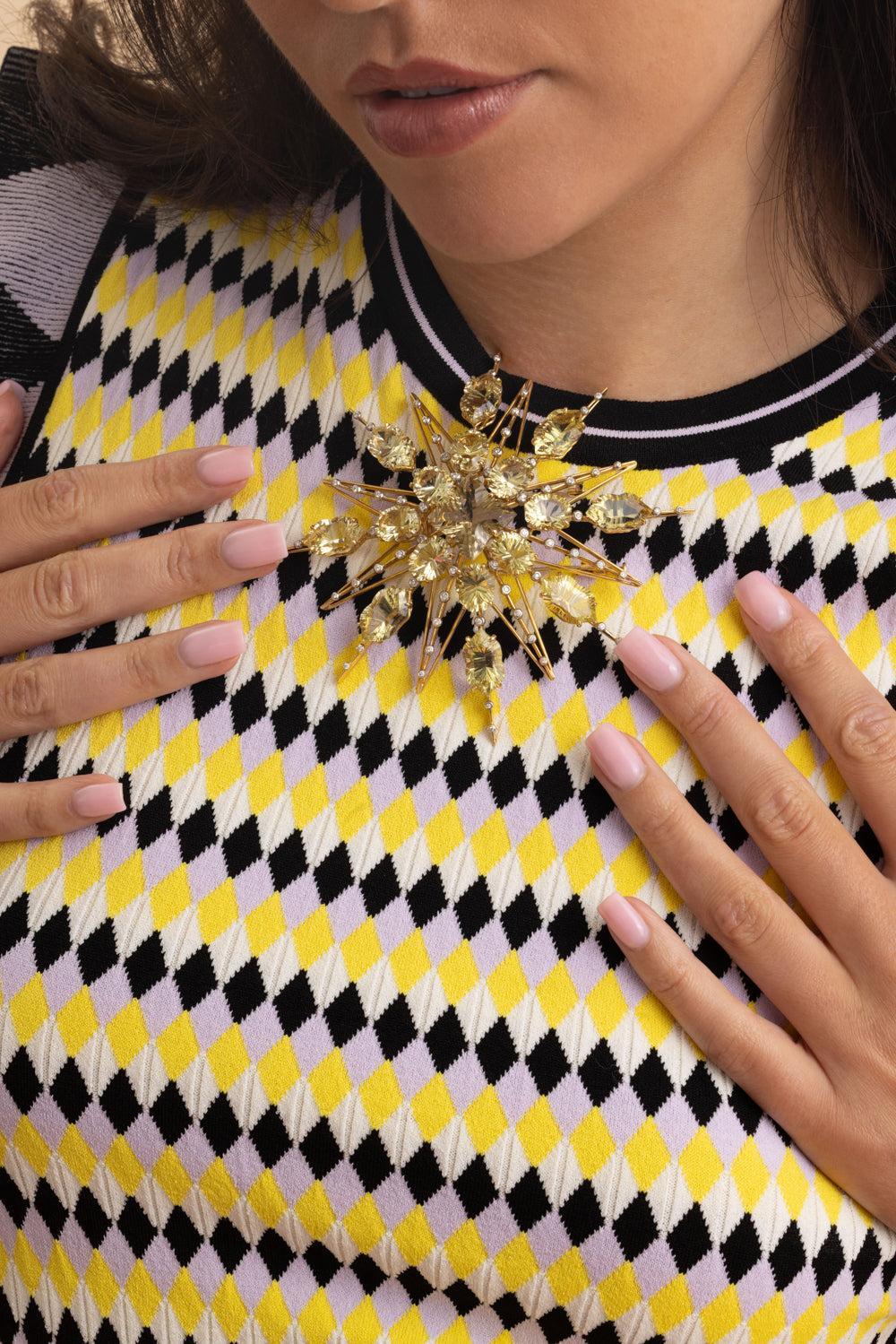 Lemon Quartz Diamond Star Brooch-YELLOW GOLD-JEWELRYFINE JEWELPIN-TONY DUQUETTE