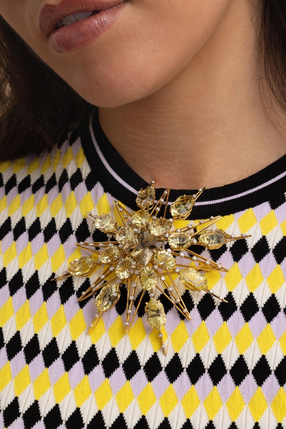 Lemon Quartz Diamond Star Brooch-YELLOW GOLD-JEWELRYFINE JEWELPIN-TONY DUQUETTE