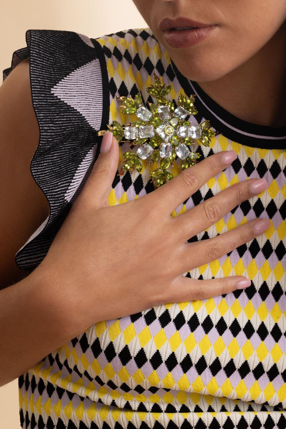 Amethyst Peridot Flame Flake Brooch-YELLOW GOLD-JEWELRYFINE JEWELPIN-TONY DUQUETTE