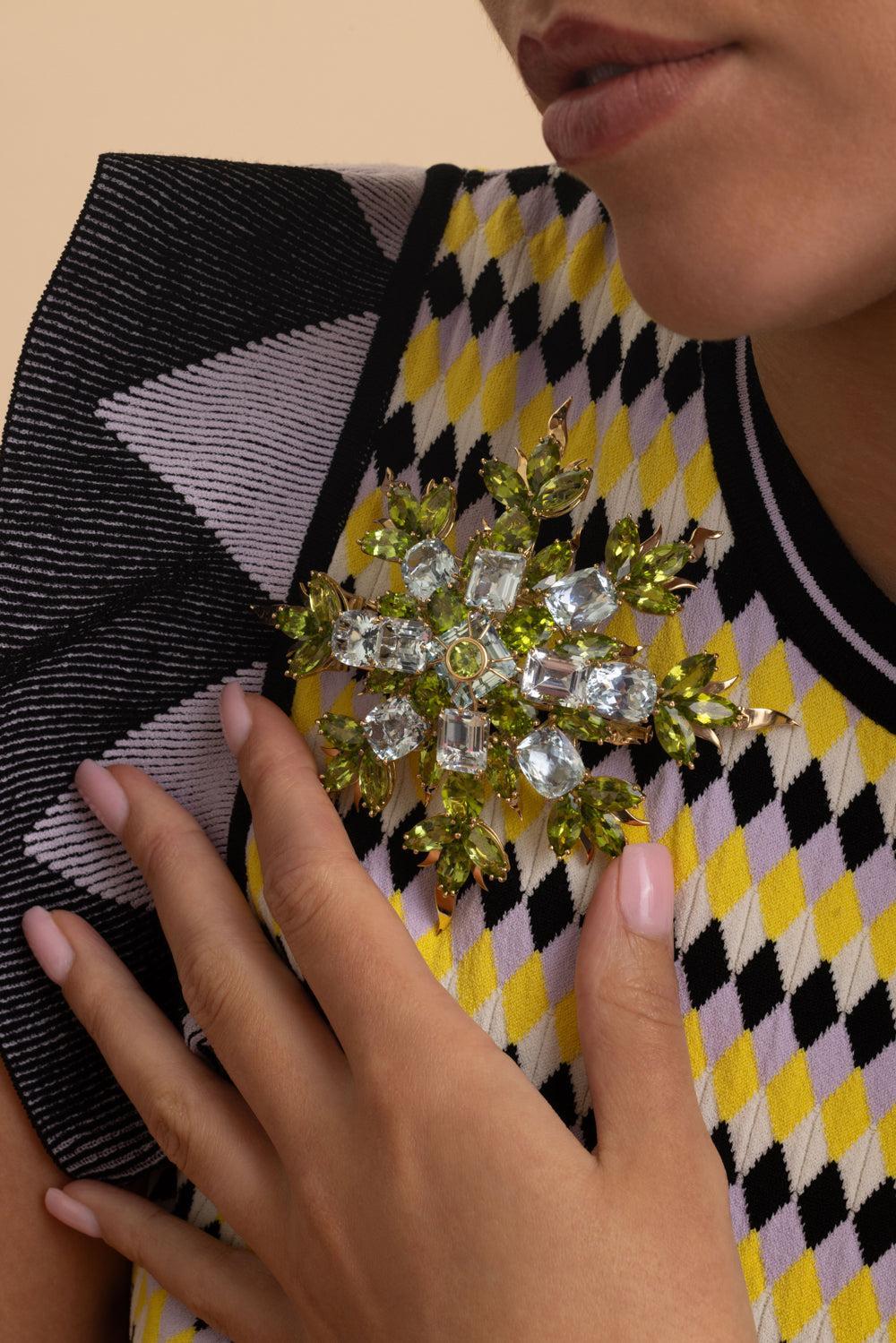 Amethyst Peridot Flame Flake Brooch-YELLOW GOLD-JEWELRYFINE JEWELPIN-TONY DUQUETTE