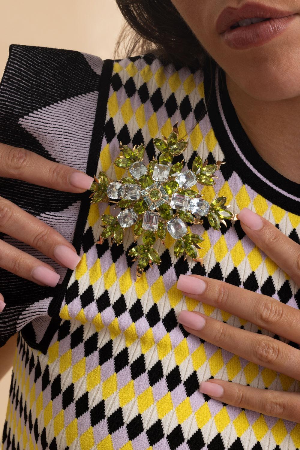 Amethyst Peridot Flame Flake Brooch-YELLOW GOLD-JEWELRYFINE JEWELPIN-TONY DUQUETTE