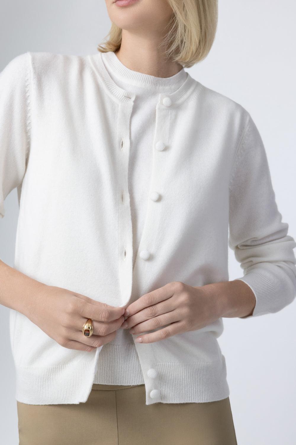  Long Sleeve Crew Neck Cardigan-CREAM-XS-CLOTHINGTOPCARDIGAN-CAROLINA HERRERA 