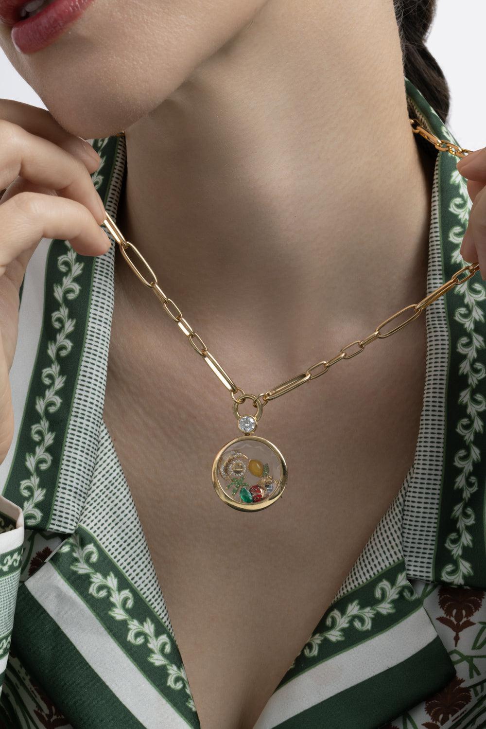 Diamond Solitaire Round Locket Renga Necklace-YELLOW GOLD-20-JEWELRYFINE JEWELNECKLACE O-LOQUET