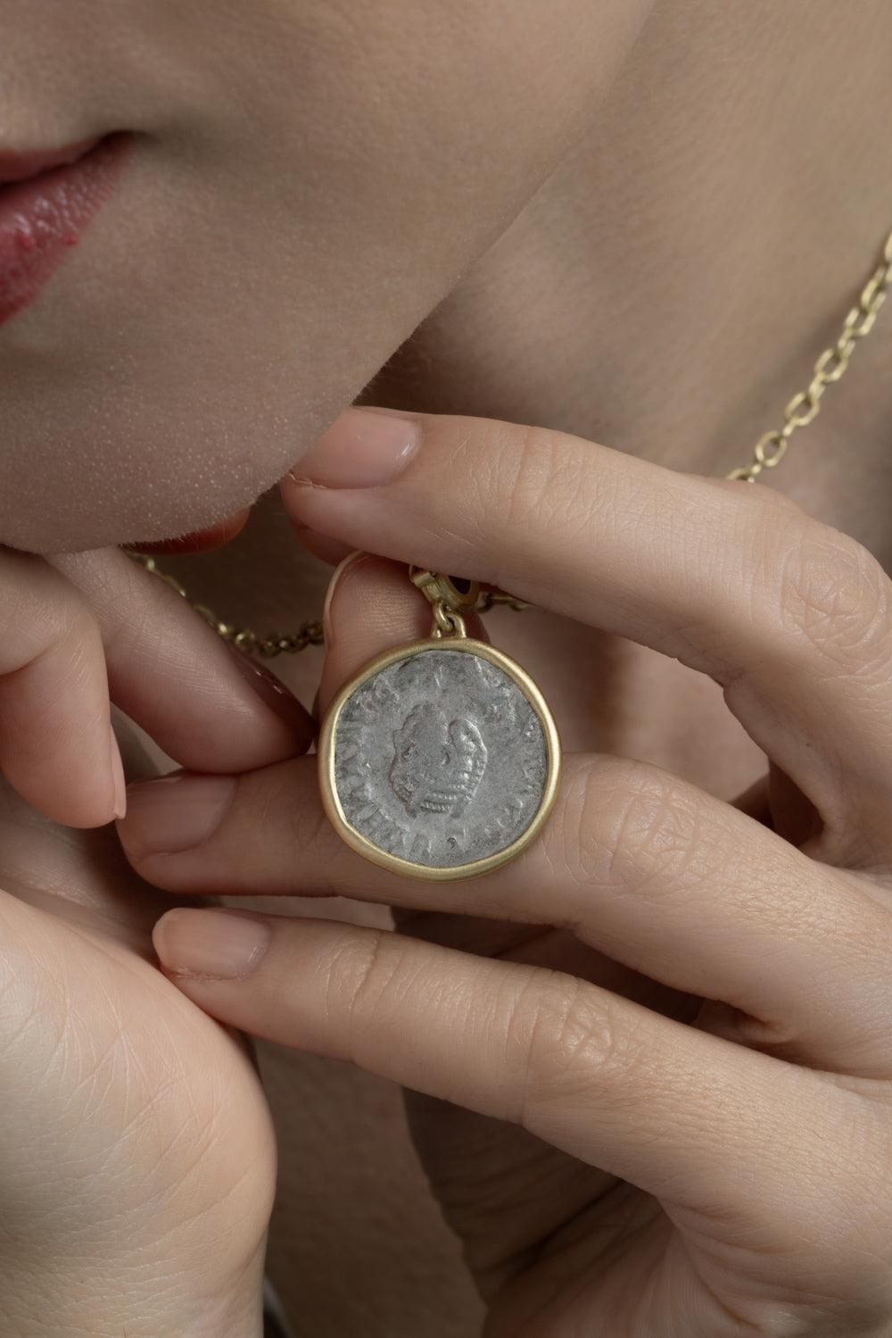  Hippo Ancient Silver Coin Pendant-YELLOW GOLD-JEWELRYFINE JEWELPENDANT-LEIGH MAXWELL 
