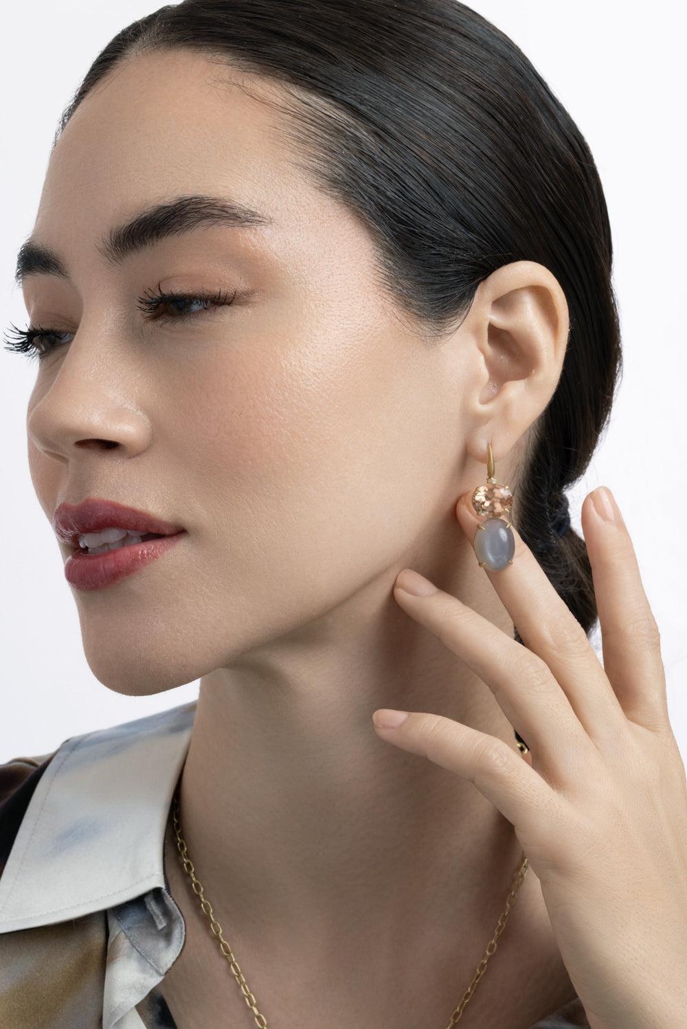  Peach Tourmaline Grey Moonstone Diamond Bijou Earrings-YELLOW GOLD-JEWELRYFINE JEWELEARRING-LEIGH MAXWELL 