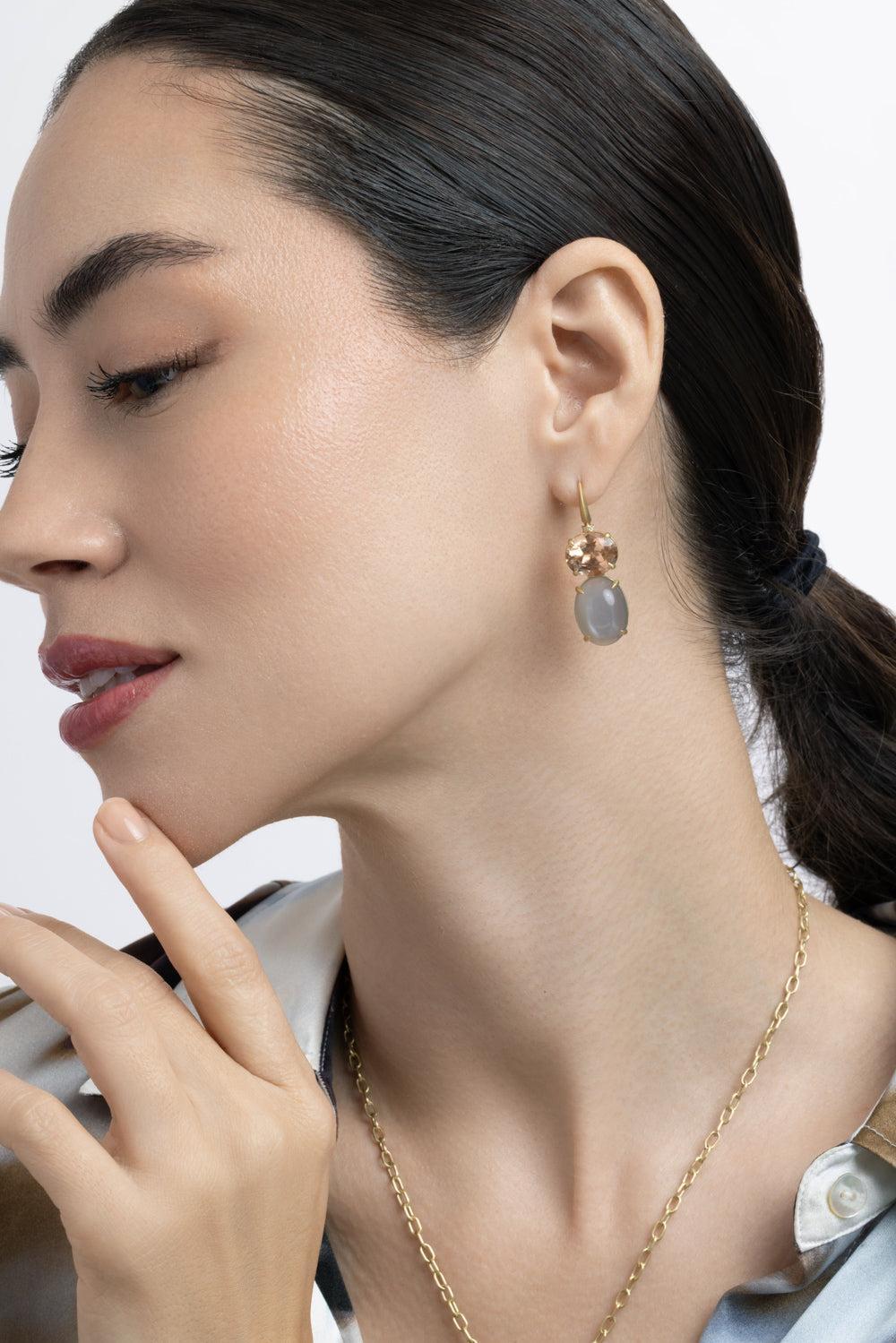 Peach Tourmaline Grey Moonstone Diamond Bijou Earrings-YELLOW GOLD-JEWELRYFINE JEWELEARRING-LEIGH MAXWELL