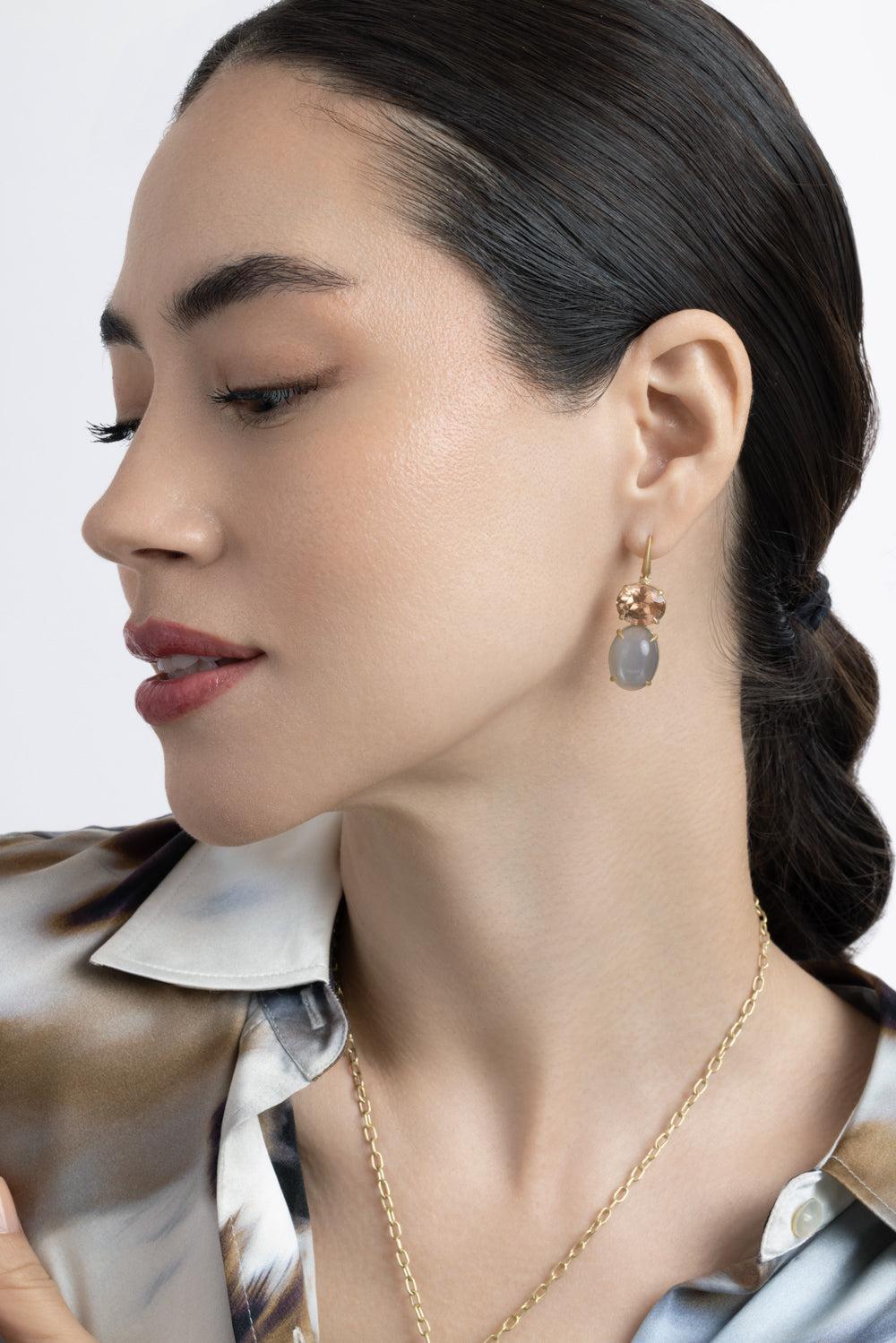 Peach Tourmaline Grey Moonstone Diamond Bijou Earrings-YELLOW GOLD-JEWELRYFINE JEWELEARRING-LEIGH MAXWELL