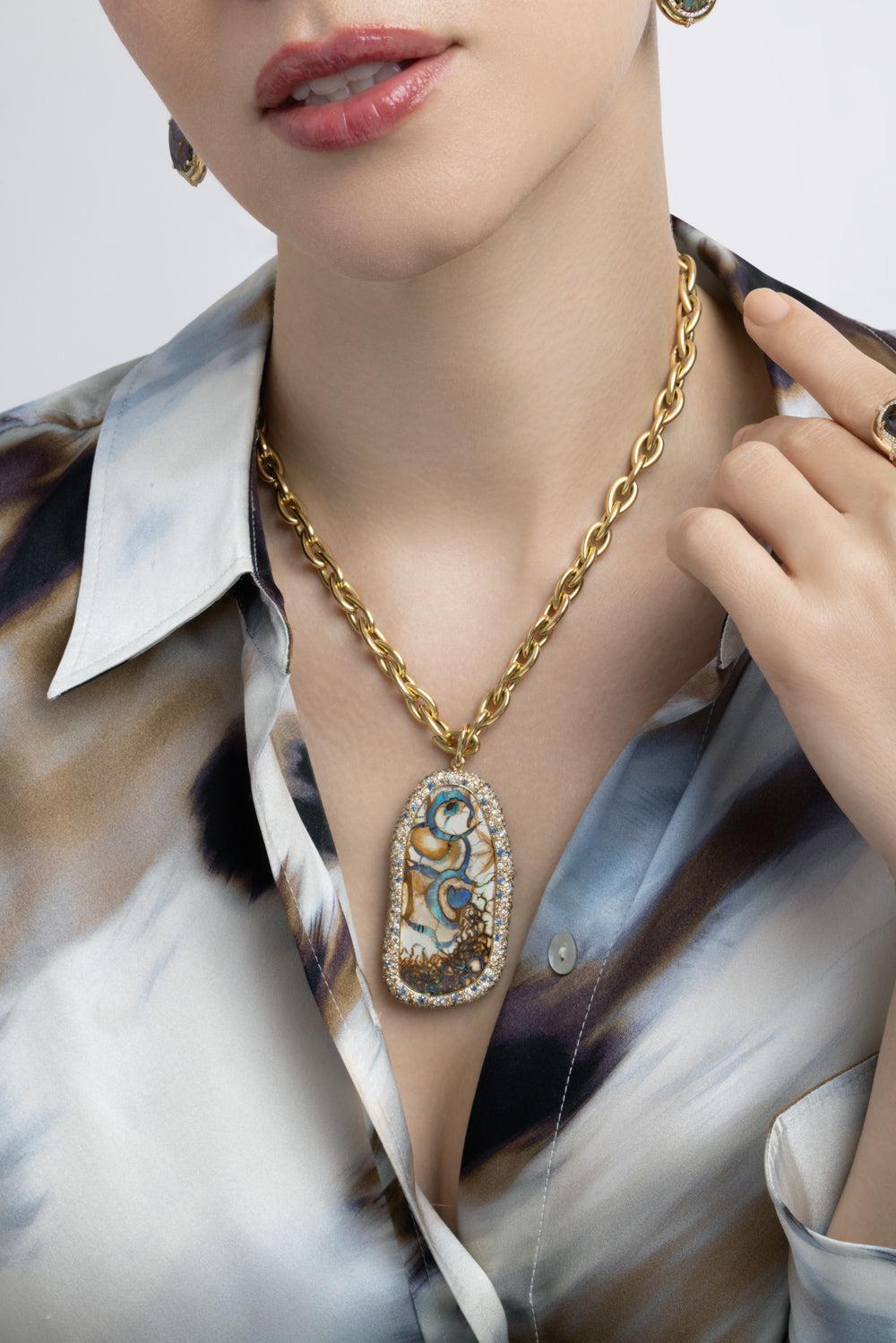 Brown Opal Diamond Sapphire Mosaic Pendant Necklace-YELLOW GOLD-18-JEWELRYFINE JEWELNECKLACE O-GOSHWARA