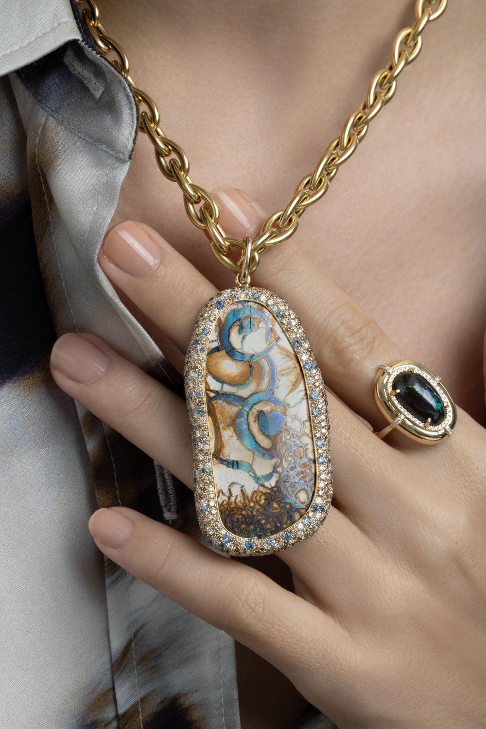 Brown Opal Diamond Sapphire Mosaic Pendant Necklace-YELLOW GOLD-18-JEWELRYFINE JEWELNECKLACE O-GOSHWARA