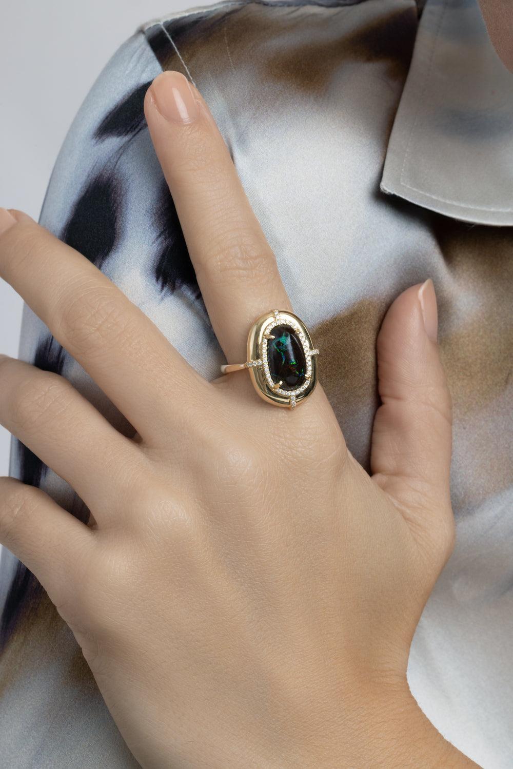  Brown Opal Diamond Medallion Ring-YELLOW GOLD-7.25-JEWELRYFINE JEWELRING-GOSHWARA 