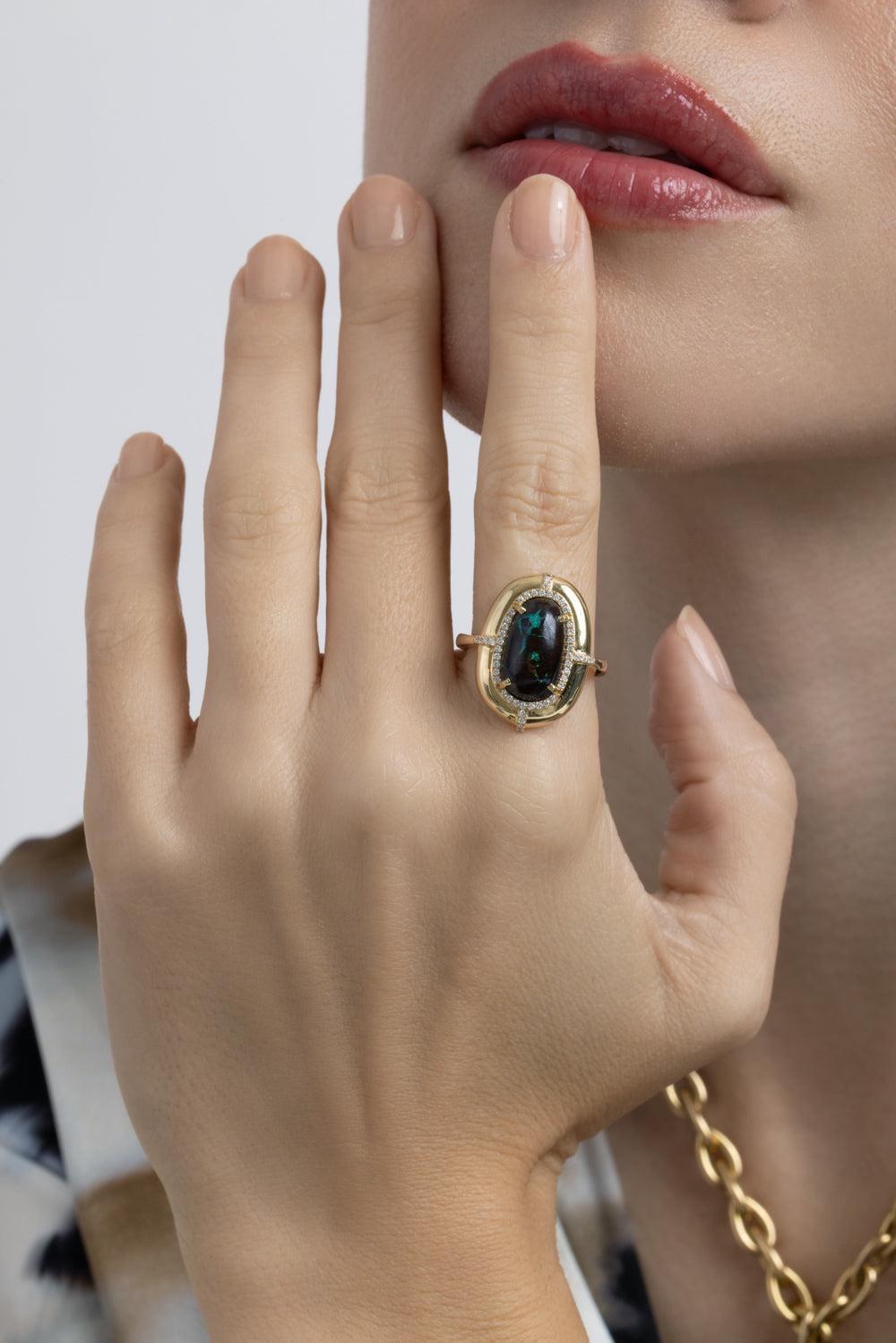 Brown Opal Diamond Medallion Ring-YELLOW GOLD-7.25-JEWELRYFINE JEWELRING-GOSHWARA