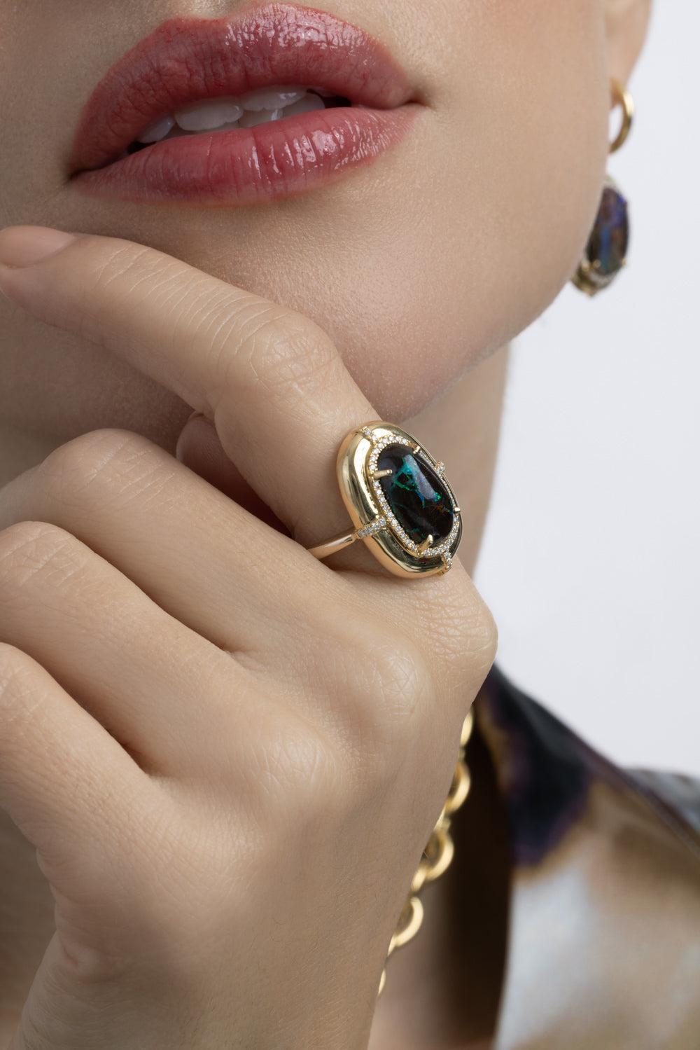 Brown Opal Diamond Medallion Ring-YELLOW GOLD-7.25-JEWELRYFINE JEWELRING-GOSHWARA