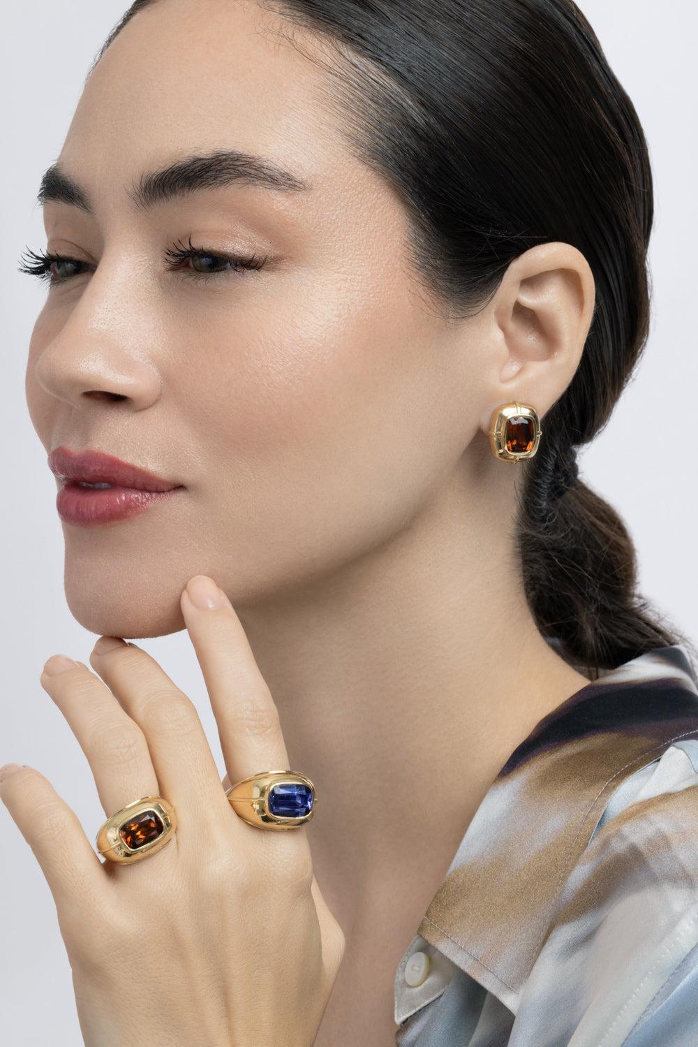  Brown Zircon Cushion Earrings-YELLOW GOLD-JEWELRYFINE JEWELEARRING-GOSHWARA 