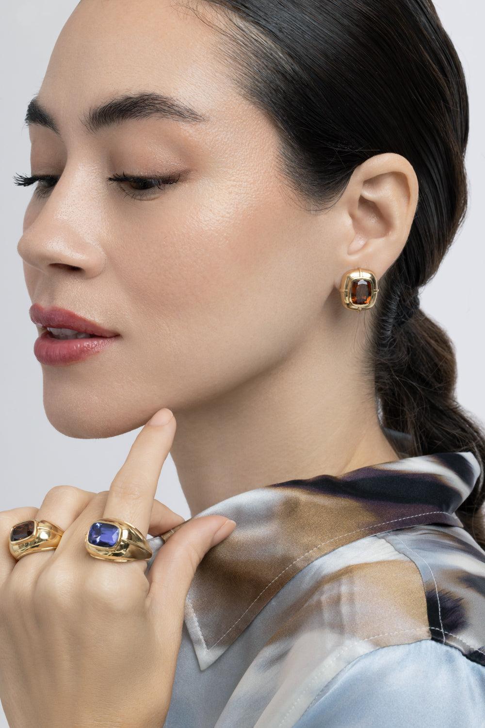 Brown Zircon Cushion Earrings-YELLOW GOLD-JEWELRYFINE JEWELEARRING-GOSHWARA
