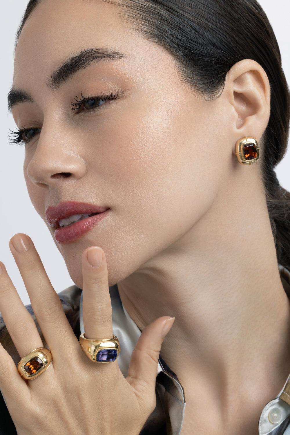  Brown Zircon Cushion Earrings-YELLOW GOLD-JEWELRYFINE JEWELEARRING-GOSHWARA 