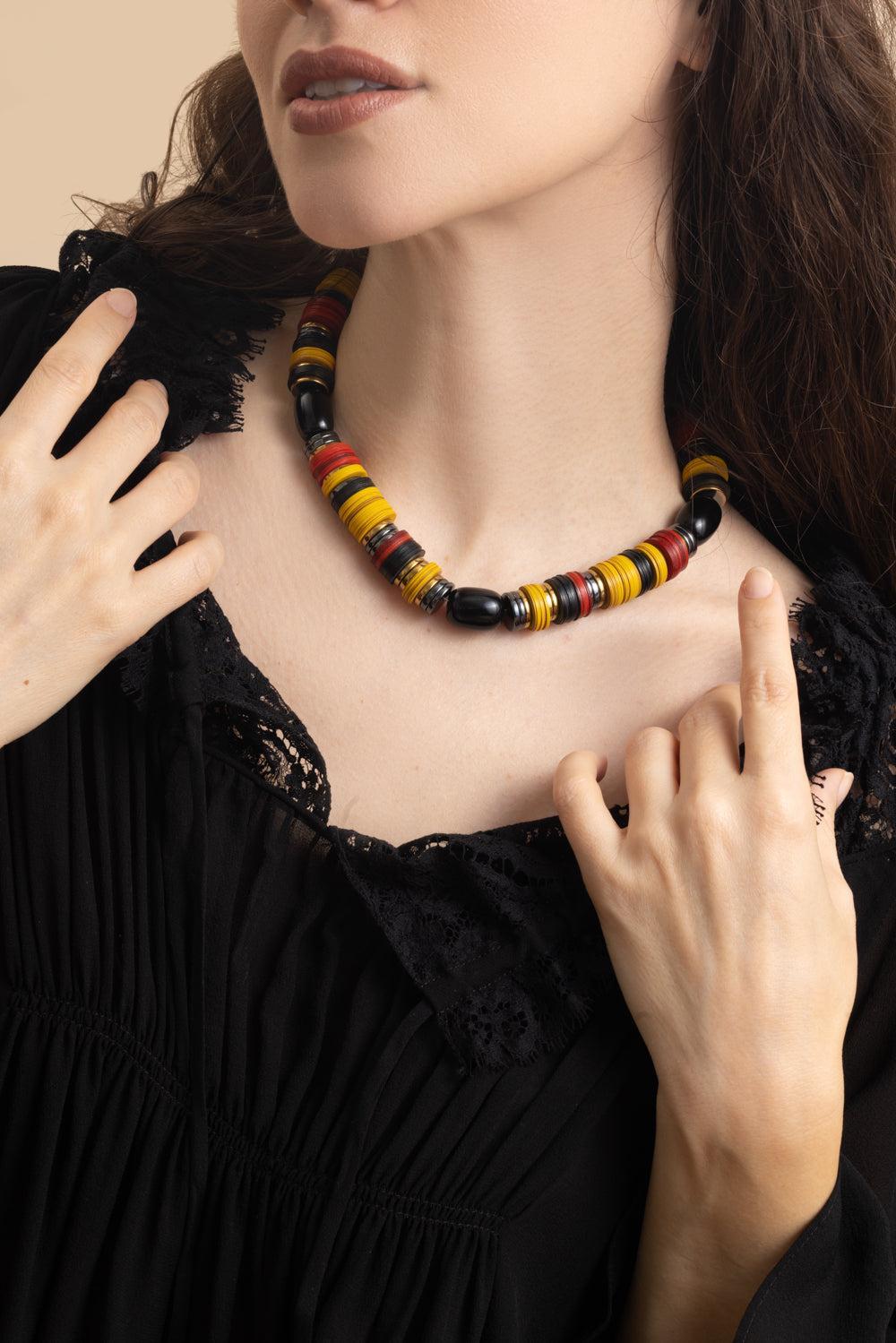 Yellow Red Black Rondelle Necklace-RED/YLW-JEWELRYBOUTIQUENECKLACE O-HIJAS DE PUKA