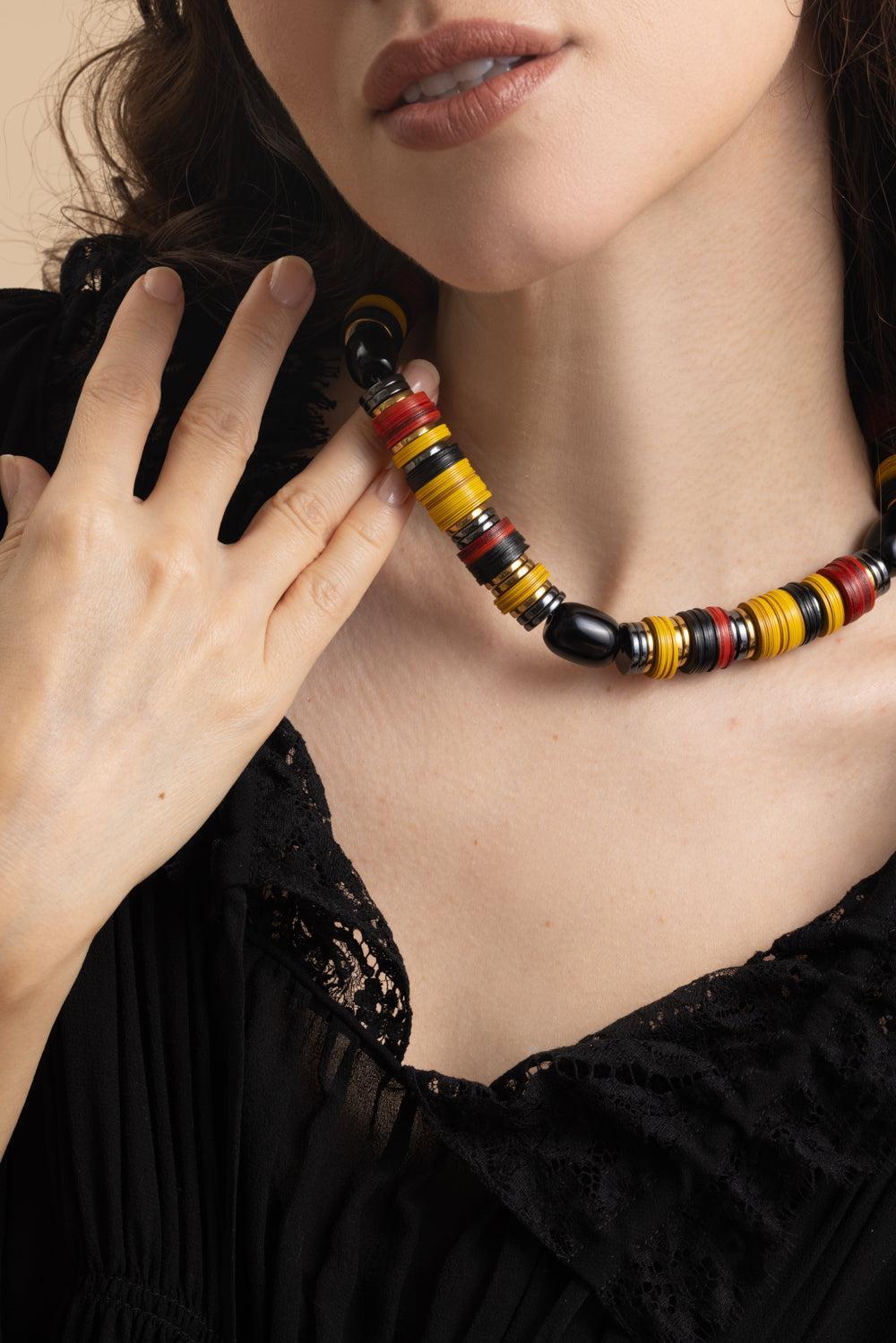Yellow Red Black Rondelle Necklace-RED/YLW-JEWELRYBOUTIQUENECKLACE O-HIJAS DE PUKA