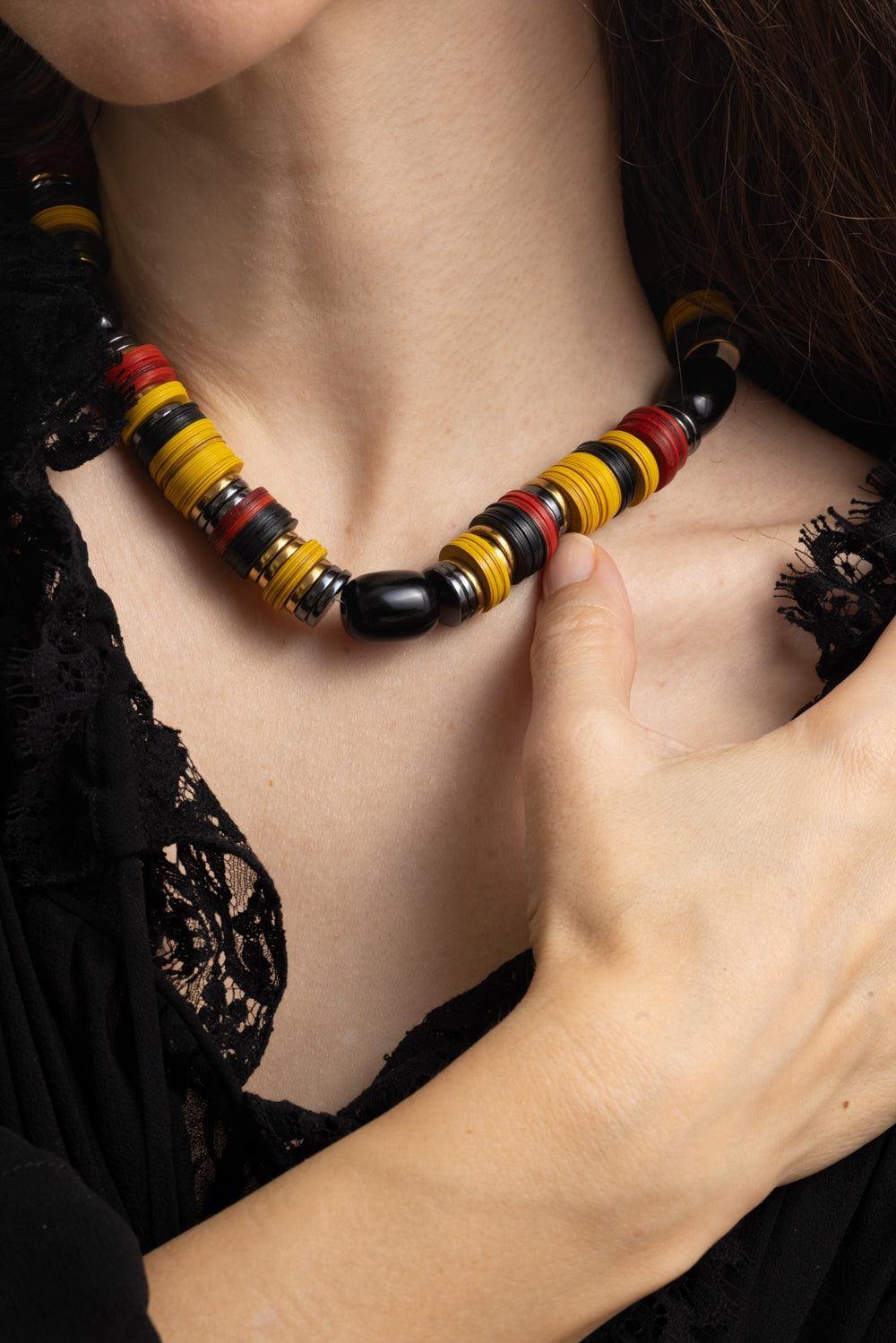 Yellow Red Black Rondelle Necklace-RED/YLW-JEWELRYBOUTIQUENECKLACE O-HIJAS DE PUKA