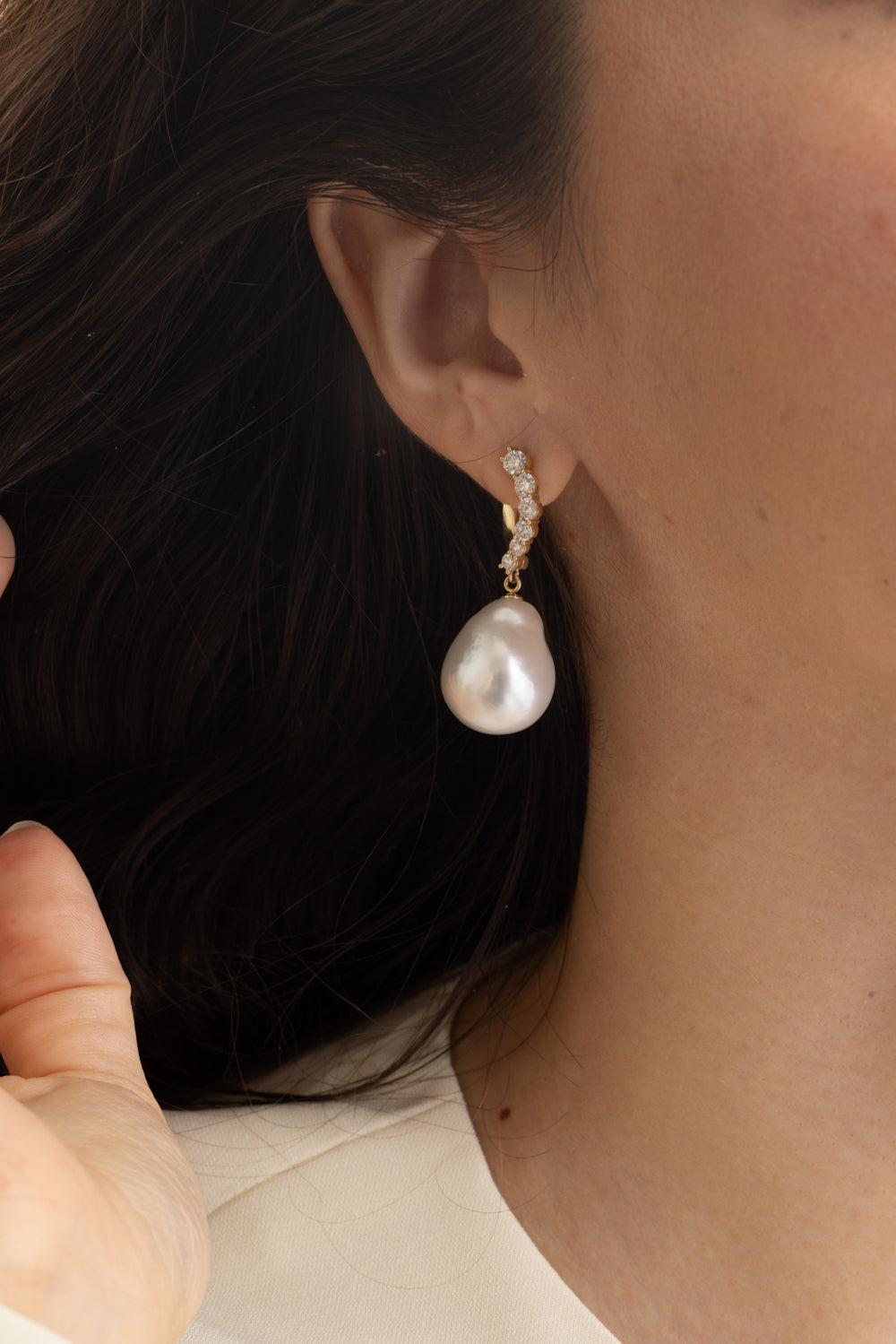 Diamond Pearl Earrings-YELLOW GOLD-JEWELRYFINE JEWELEARRING-BAGGINS