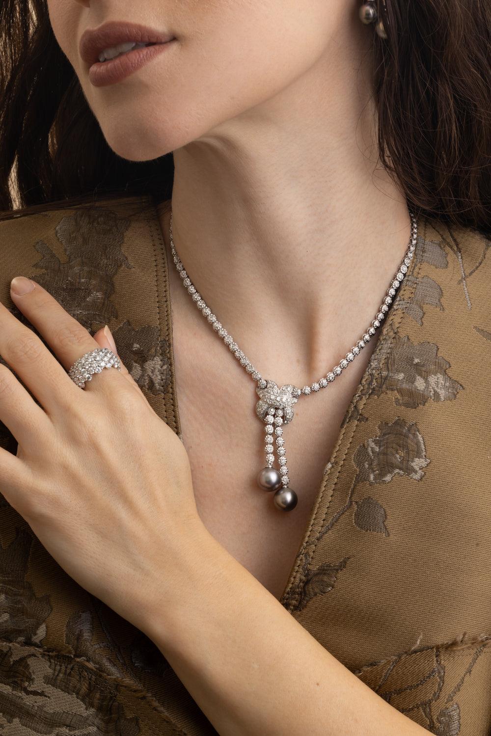 Pearl Diamond Tassel Necklace-WHITE GOLD-JEWELRYFINE JEWELNECKLACE O-ANDREOLI