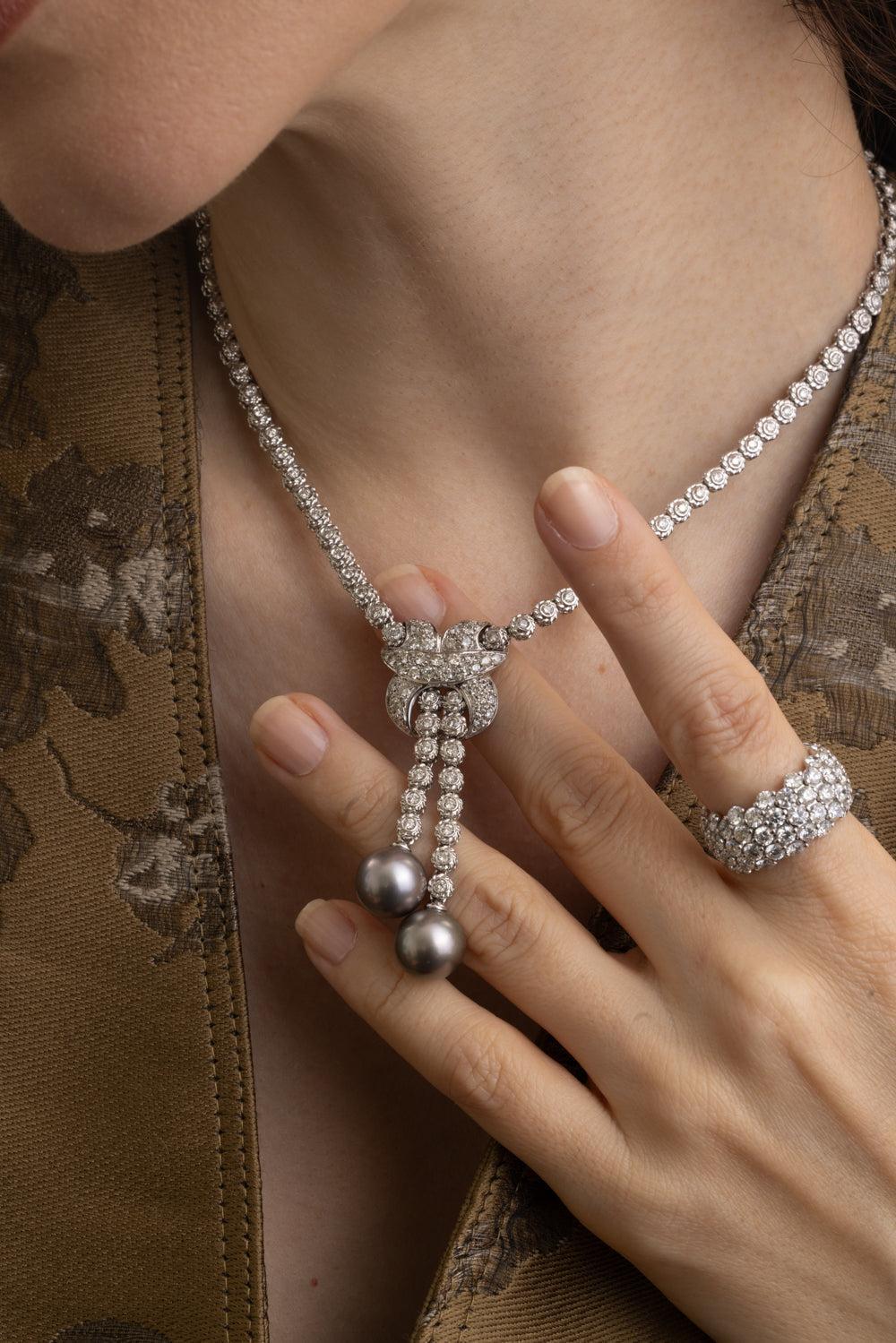 Pearl Diamond Tassel Necklace-WHITE GOLD-JEWELRYFINE JEWELNECKLACE O-ANDREOLI