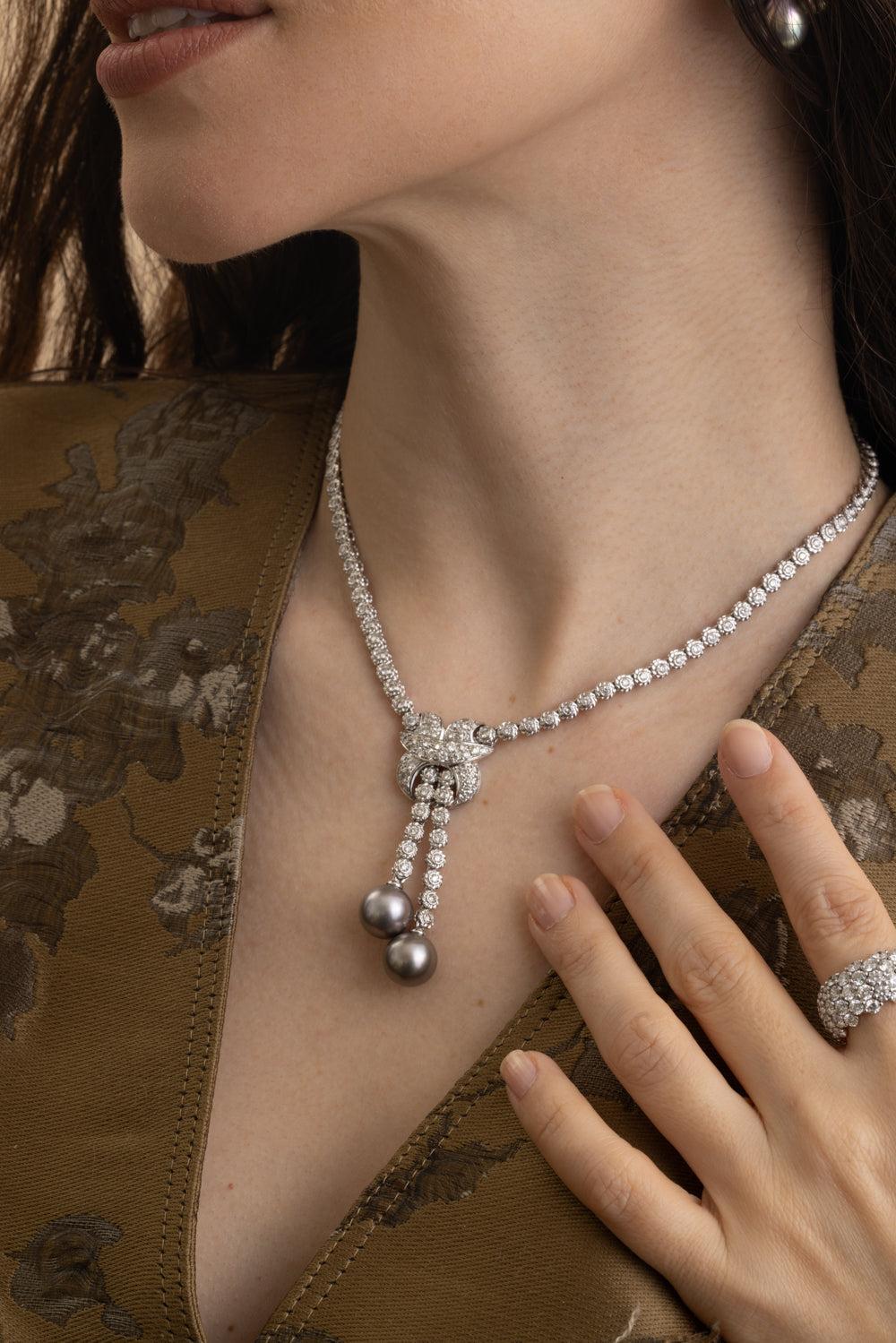 Pearl Diamond Tassel Necklace-WHITE GOLD-JEWELRYFINE JEWELNECKLACE O-ANDREOLI