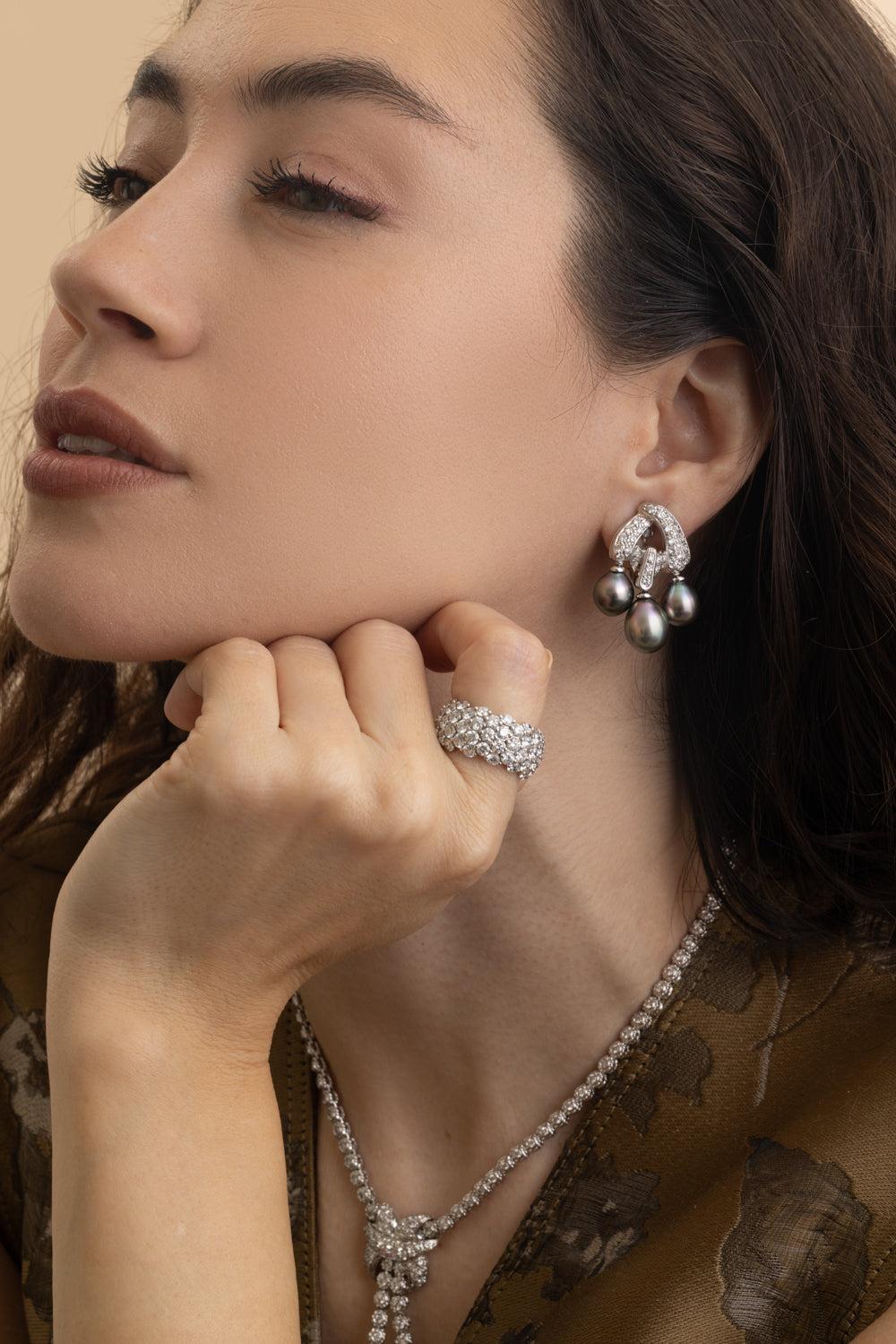 Three Pearl Diamond Earrings-WHITE GOLD-JEWELRYFINE JEWELEARRING-ANDREOLI