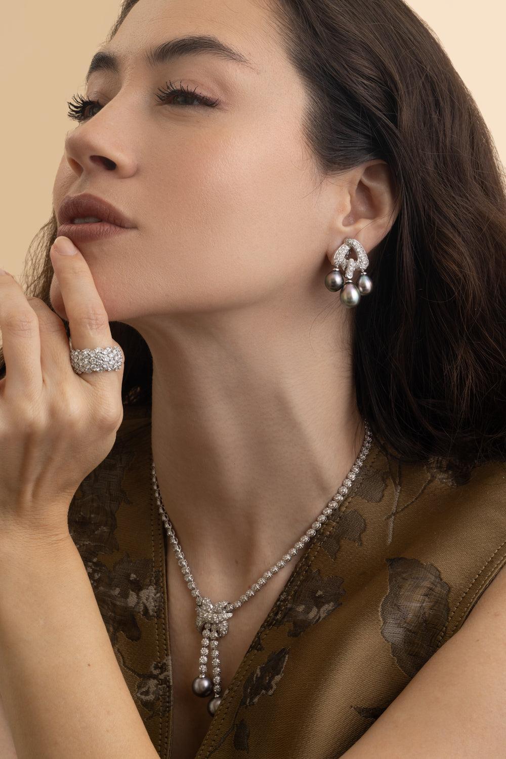 Three Pearl Diamond Earrings-WHITE GOLD-JEWELRYFINE JEWELEARRING-ANDREOLI