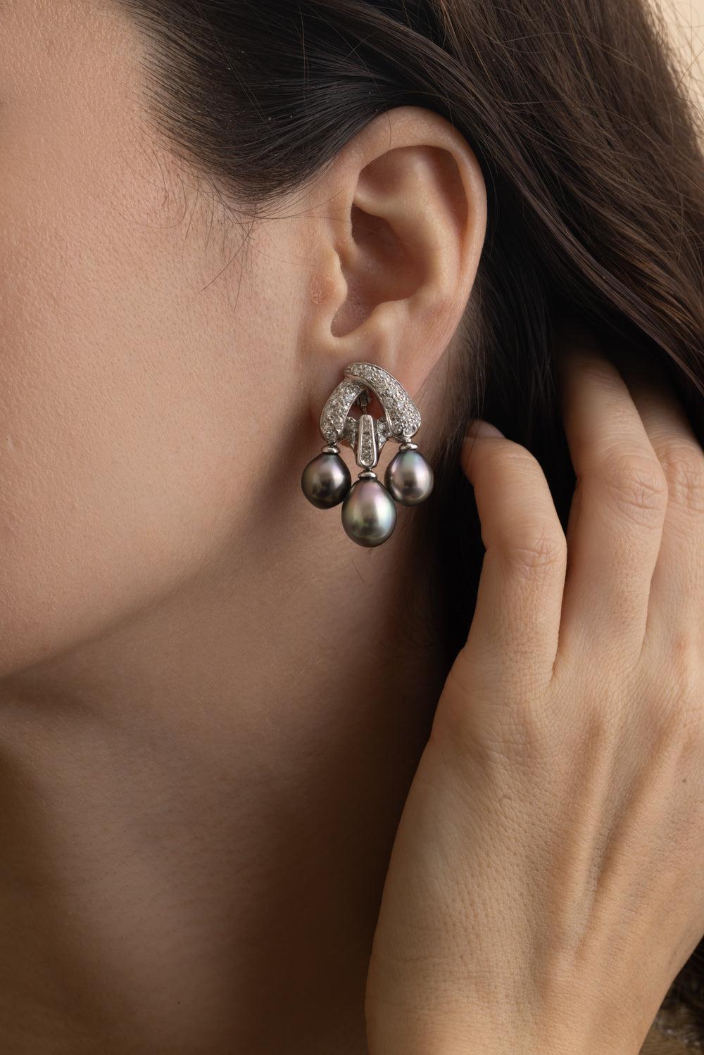 Three Pearl Diamond Earrings-WHITE GOLD-JEWELRYFINE JEWELEARRING-ANDREOLI