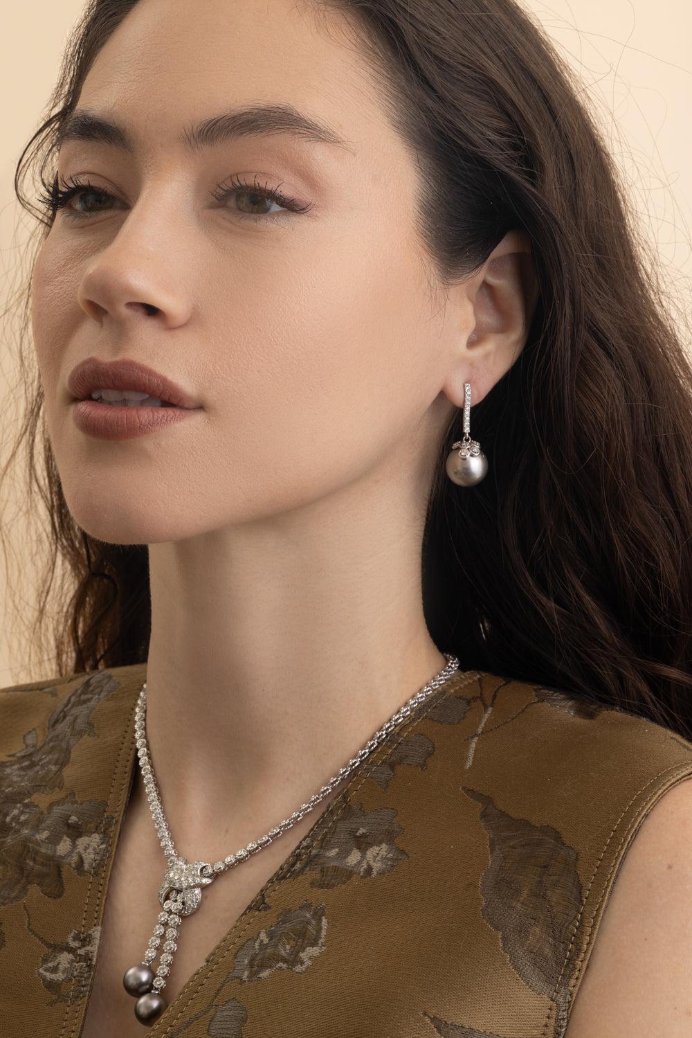 Tahitian Pearl Diamond Drop Earrings-WHITE GOLD-JEWELRYFINE JEWELEARRING-ANDREOLI