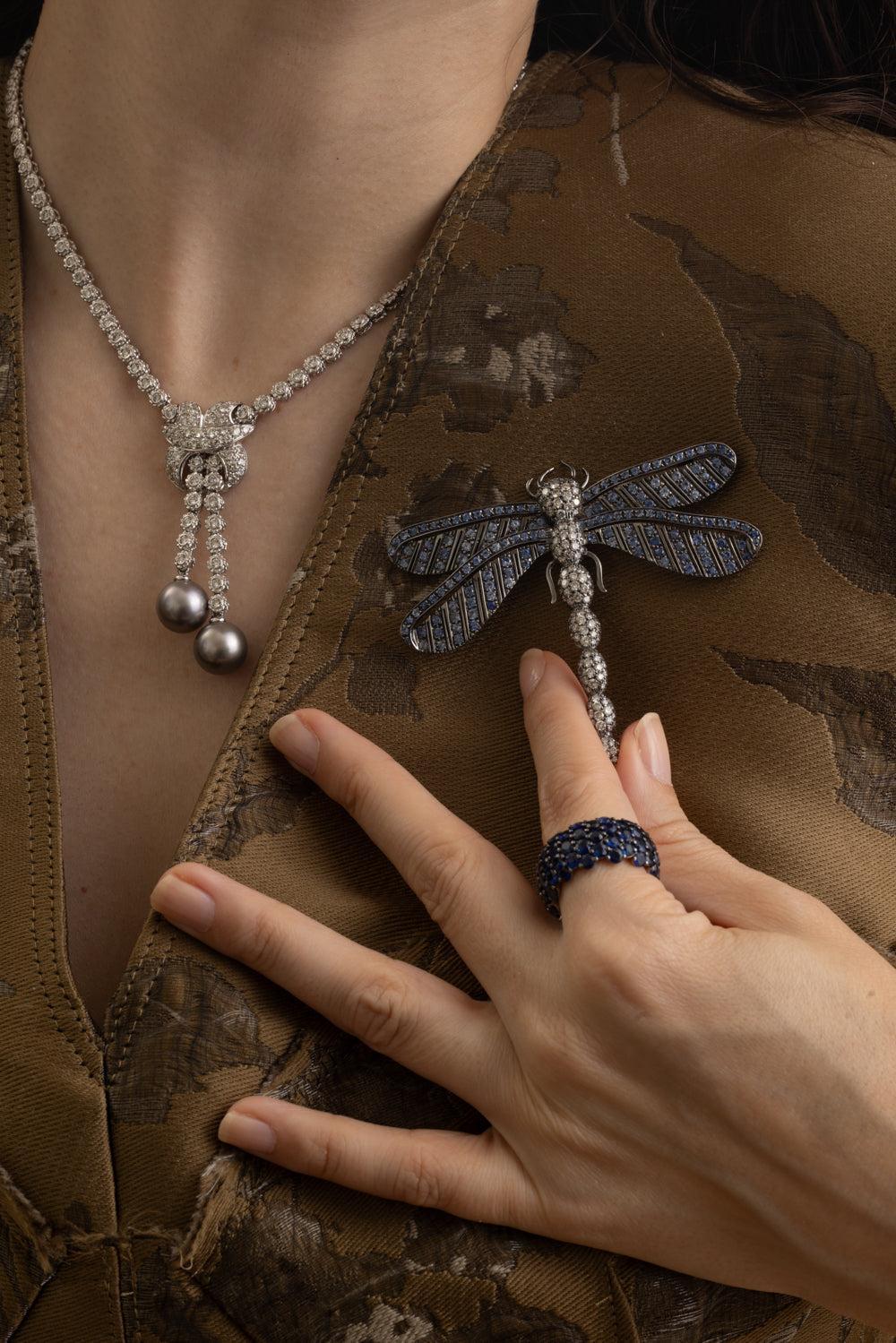 Diamond Blue Sapphire Dragonfly Pin-WHITE GOLD-JEWELRYFINE JEWELPIERCING-ANDREOLI