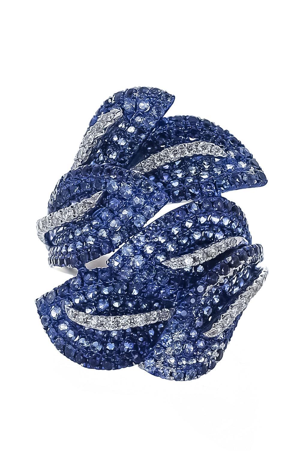 Blue Sapphire Diamond Leaf Ring-WHITE GOLD-7-JEWELRYFINE JEWELRING-STEFERE