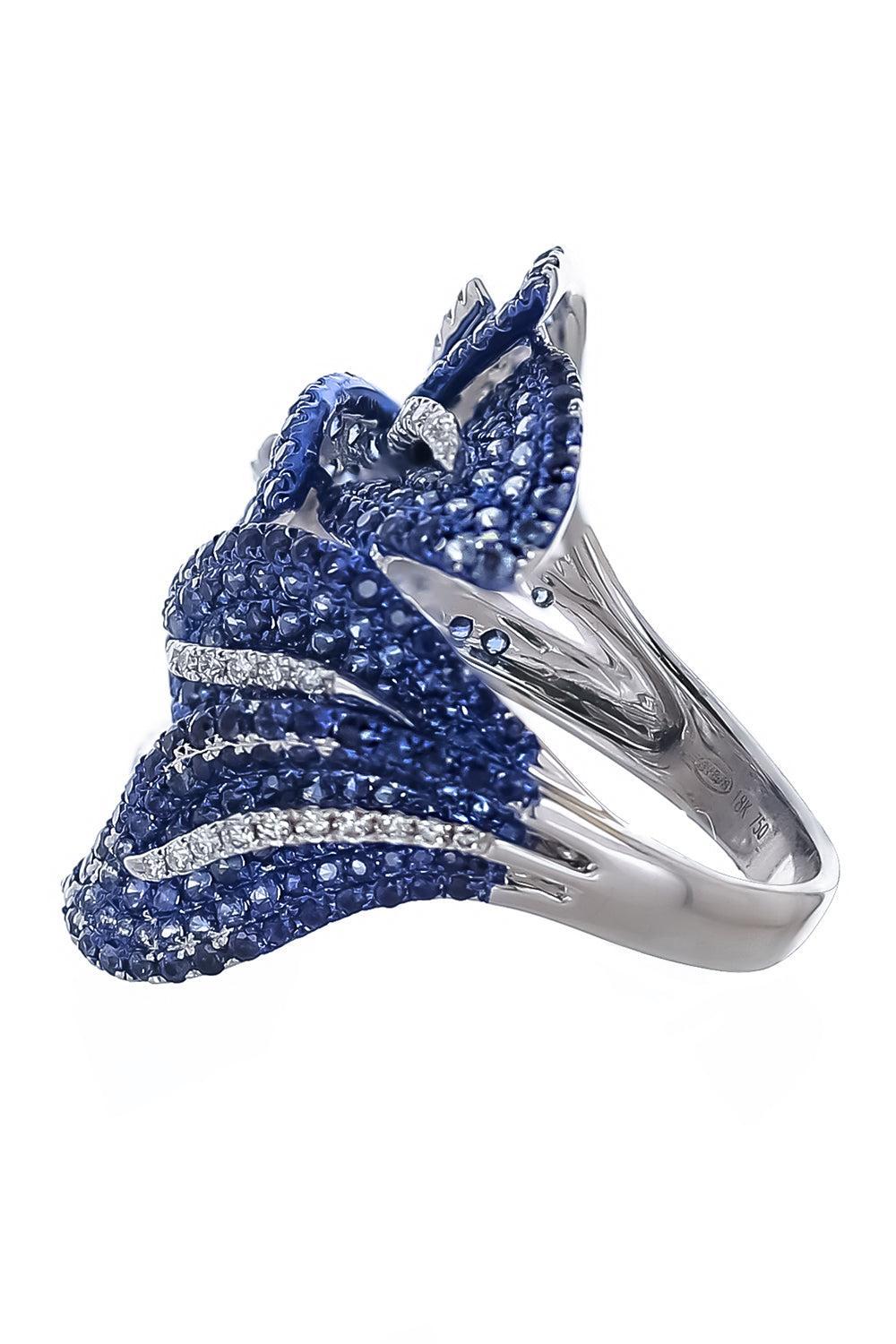 Blue Sapphire Diamond Leaf Ring-WHITE GOLD-7-JEWELRYFINE JEWELRING-STEFERE