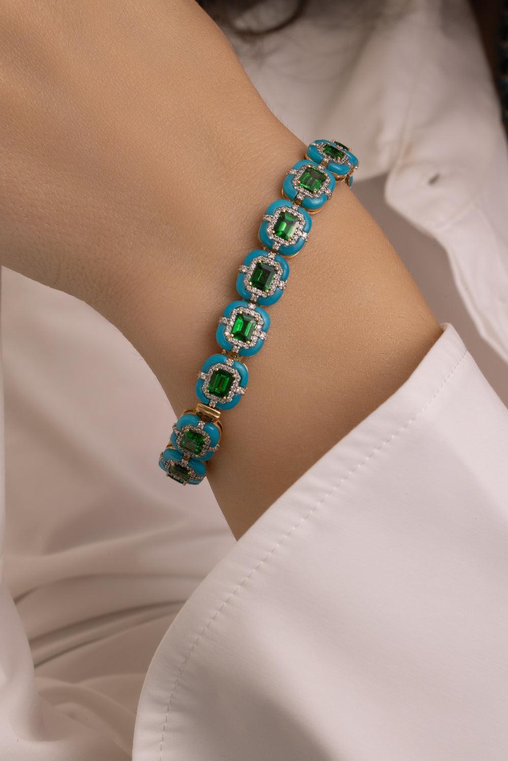 Tsavorite Turquoise Bracelet-YELLOW GOLD-JEWELRYFINE JEWELBRACELET O-STEFERE