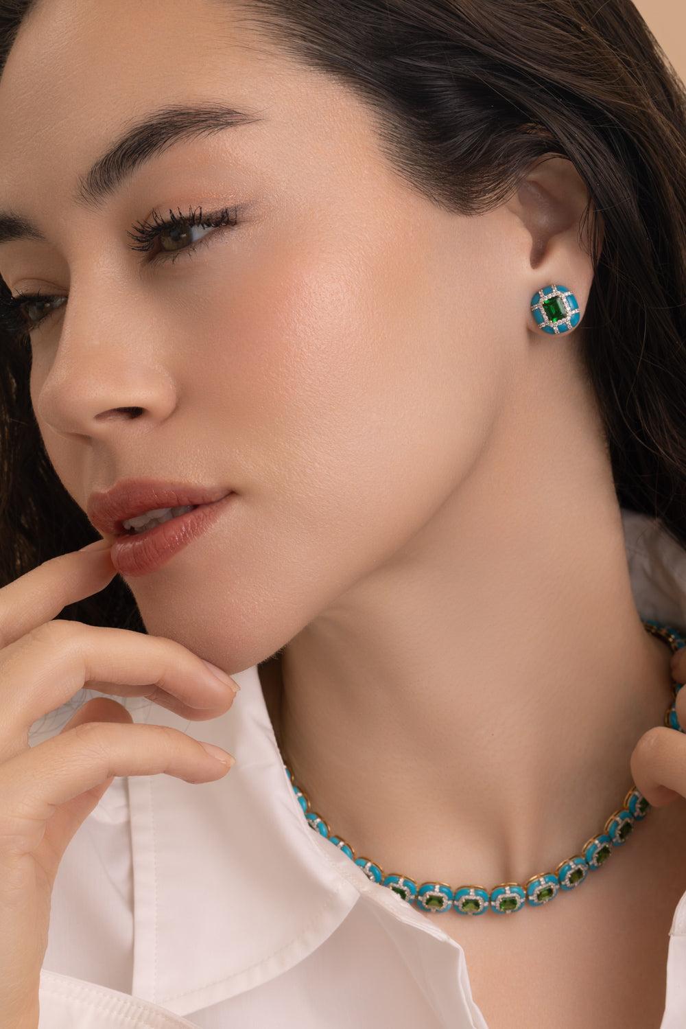 Tsavorite Turquoise Diamond Earrings-WHITE GOLD-JEWELRYFINE JEWELEARRING-STEFERE