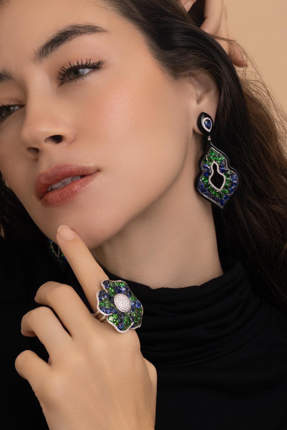 Blue sapphire Tsavorite Diamond Hoop Earrings-WHITE GOLD-JEWELRYFINE JEWELEARRING-STEFERE